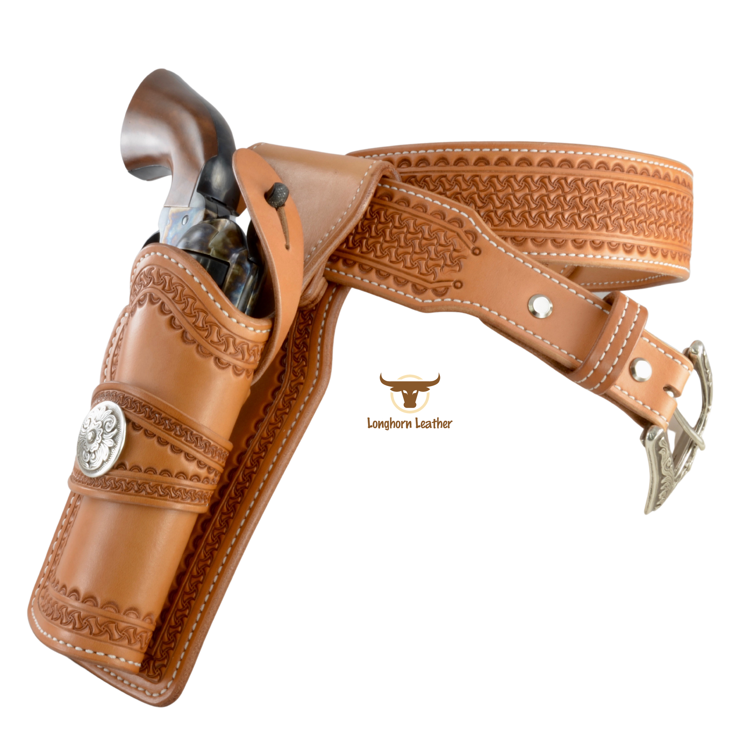 Custom leather single action holster and gun belt featuring the "Kingman" design.  Individually handcrafted at Longhorn Leather AZ.