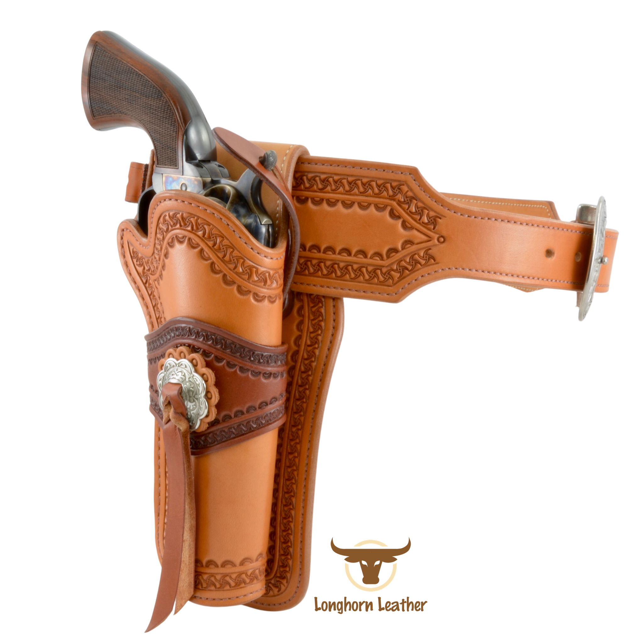 Custom leather single action holster and cartridge belt featuring the "Kingman" design.  Individually handcrafted at Longhorn Leather AZ.