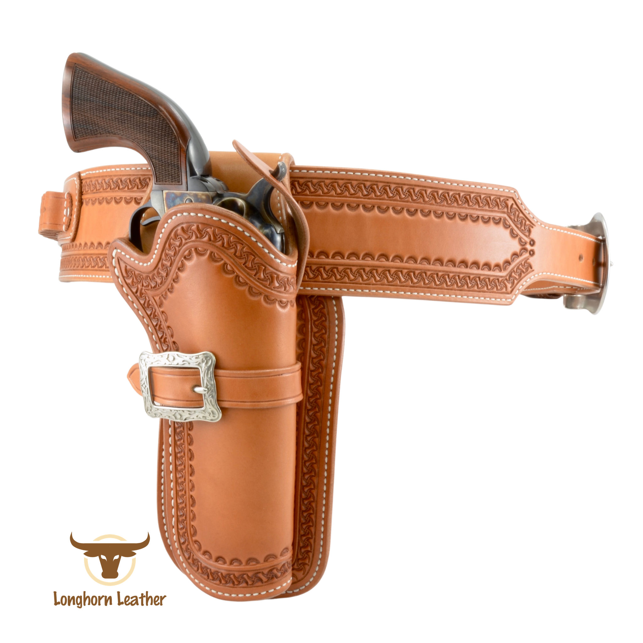 Custom leather single action holster and cartridge belt featuring the "Kingman" design.  Individually handcrafted at Longhorn Leather AZ.