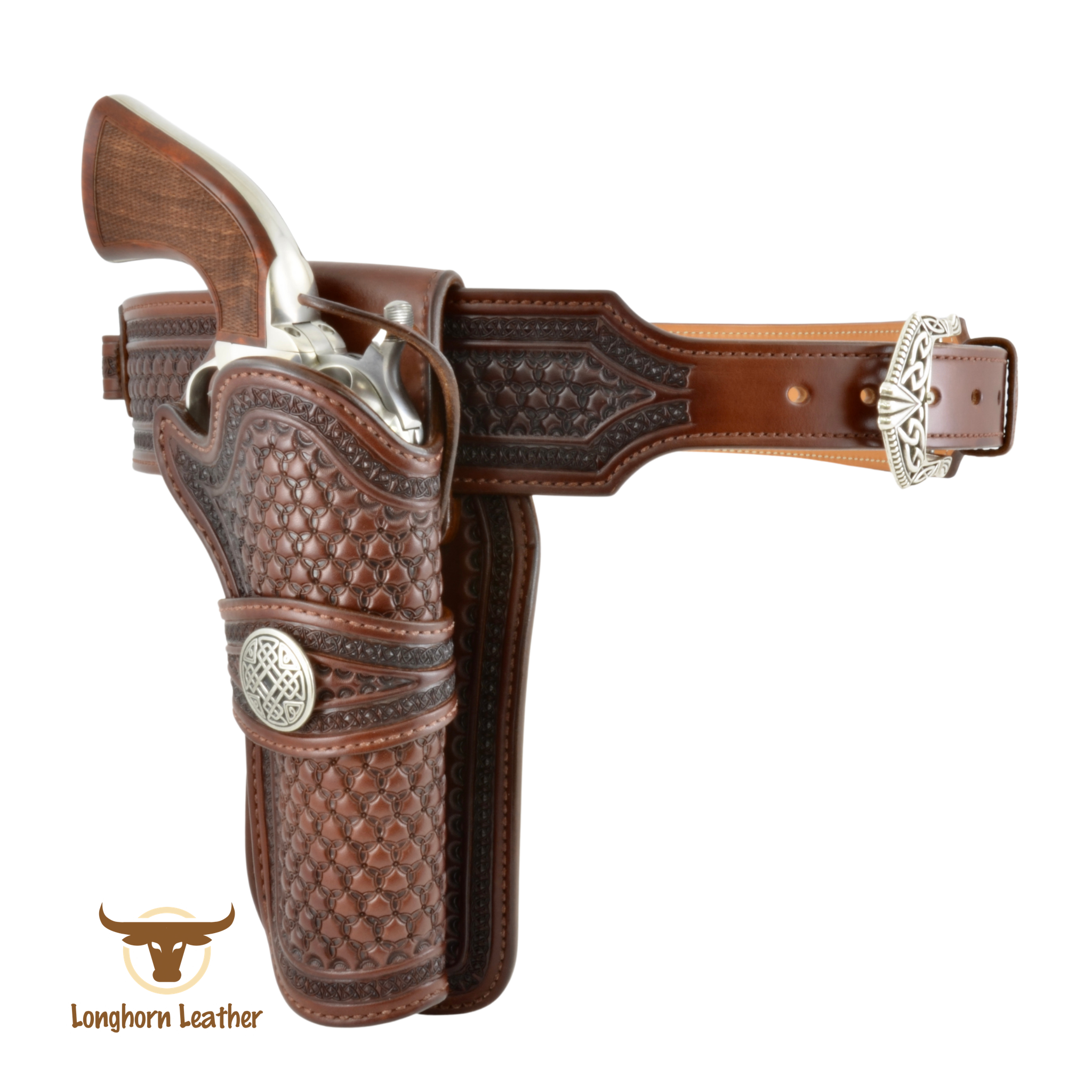 Custom leather single action holster and cartridge belt featuring a "Celtic" inspired design.  Individually handcrafted at Longhorn Leather AZ.