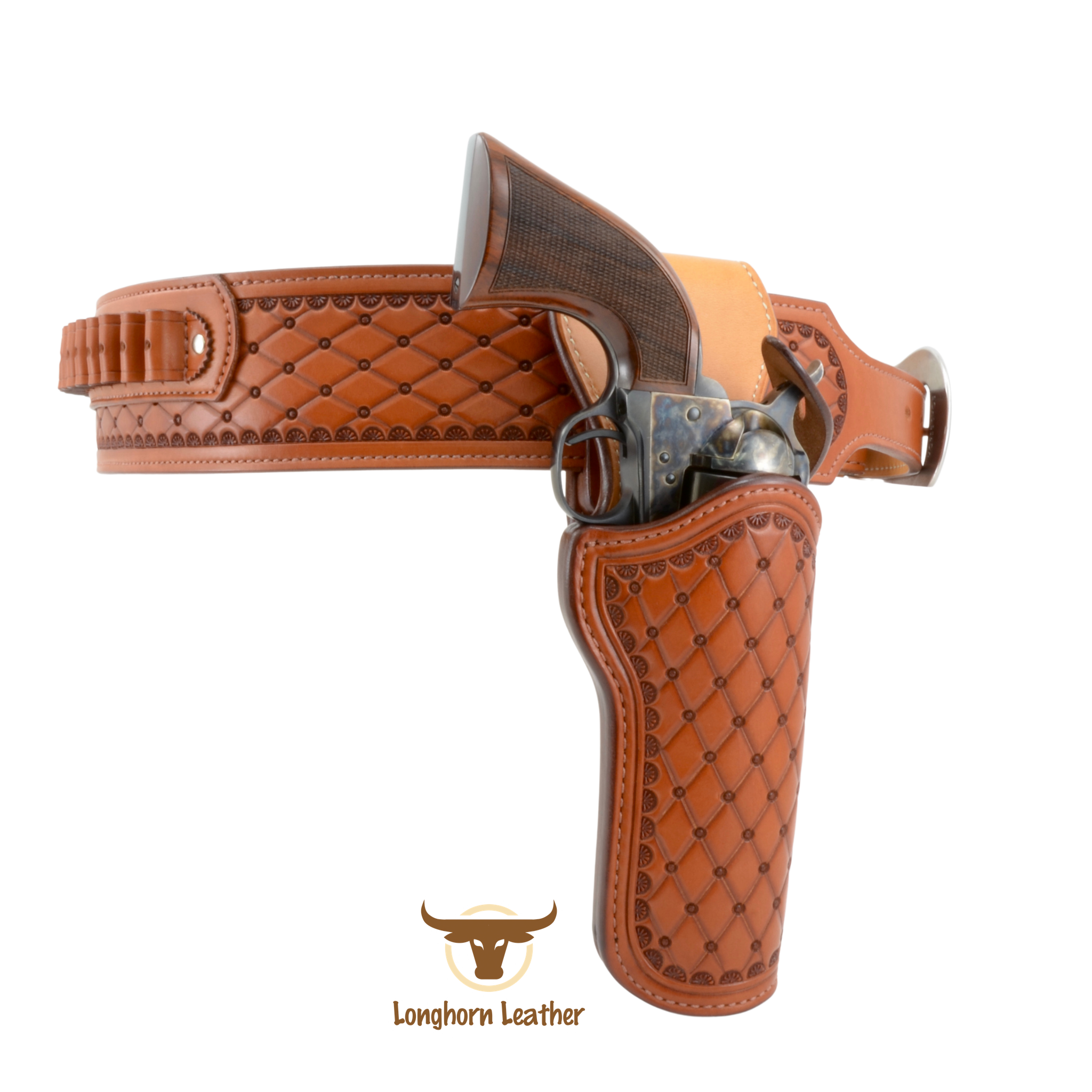 Custom leather single action holster and cartridge belt featuring the "San Carlos" design.  Individually handcrafted at Longhorn Leather AZ.