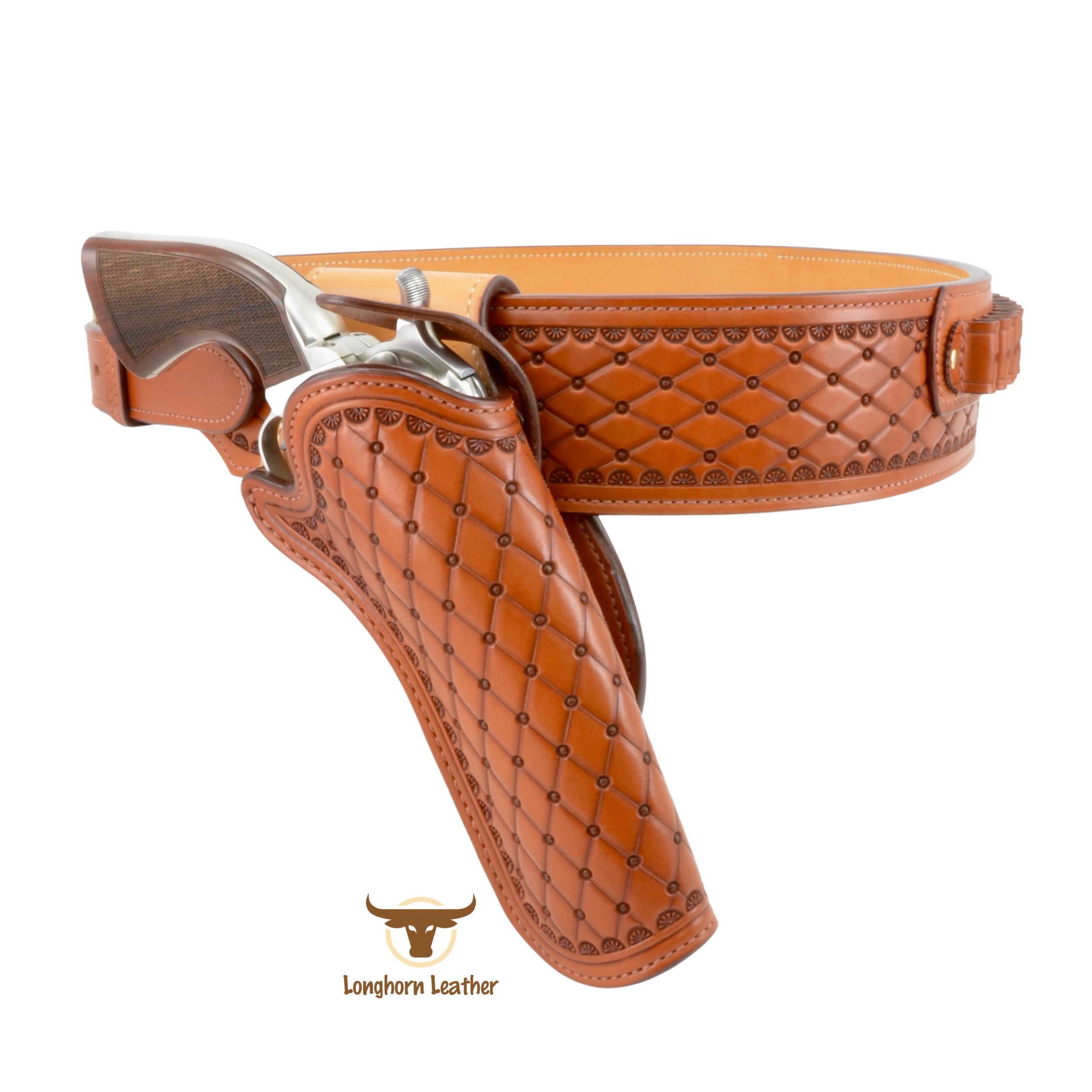 Custom leather single action cross draw holster and cartridge belt featuring the "San Carlos" design.  Individually handcrafted at Longhorn Leather AZ.