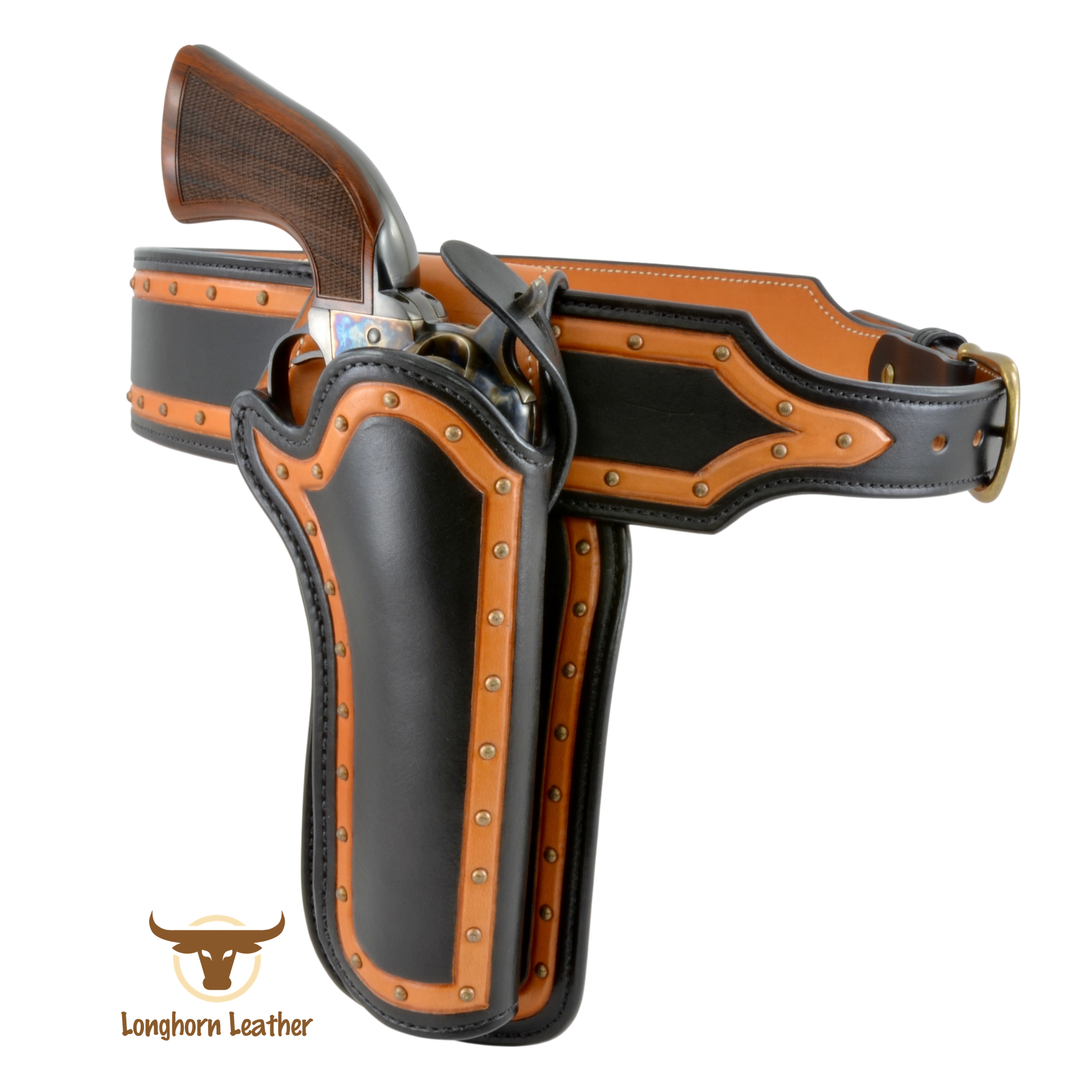 Custom leather single action holster and cartridge belt featuring the "Jerome" design.  Individually handcrafted at Longhorn Leather AZ.