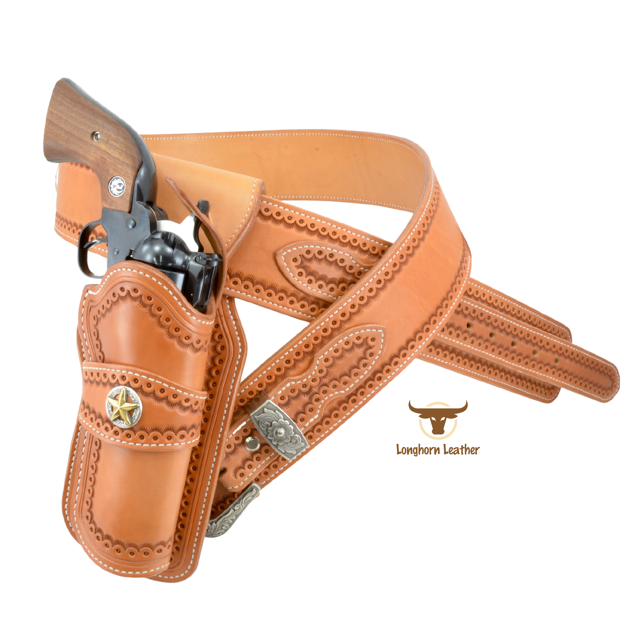 Custom leather single action holster and western style cartridge belt featuring the "Cimarron" design.  Individually handcrafted at Longhorn Leather AZ.