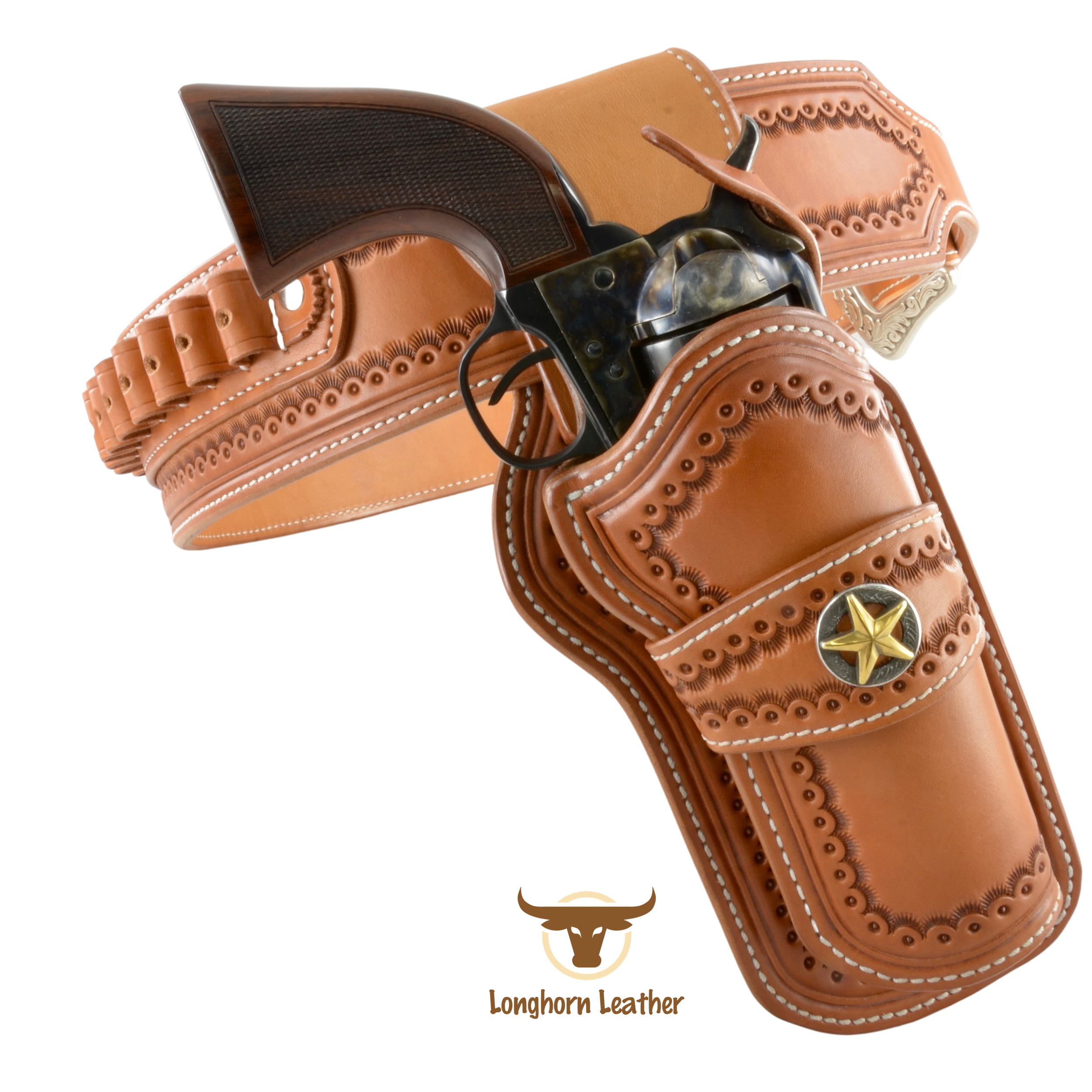 Custom leather single action holster and cartridge belt featuring the "Cimarron" design.  Individually handcrafted at Longhorn Leather AZ.