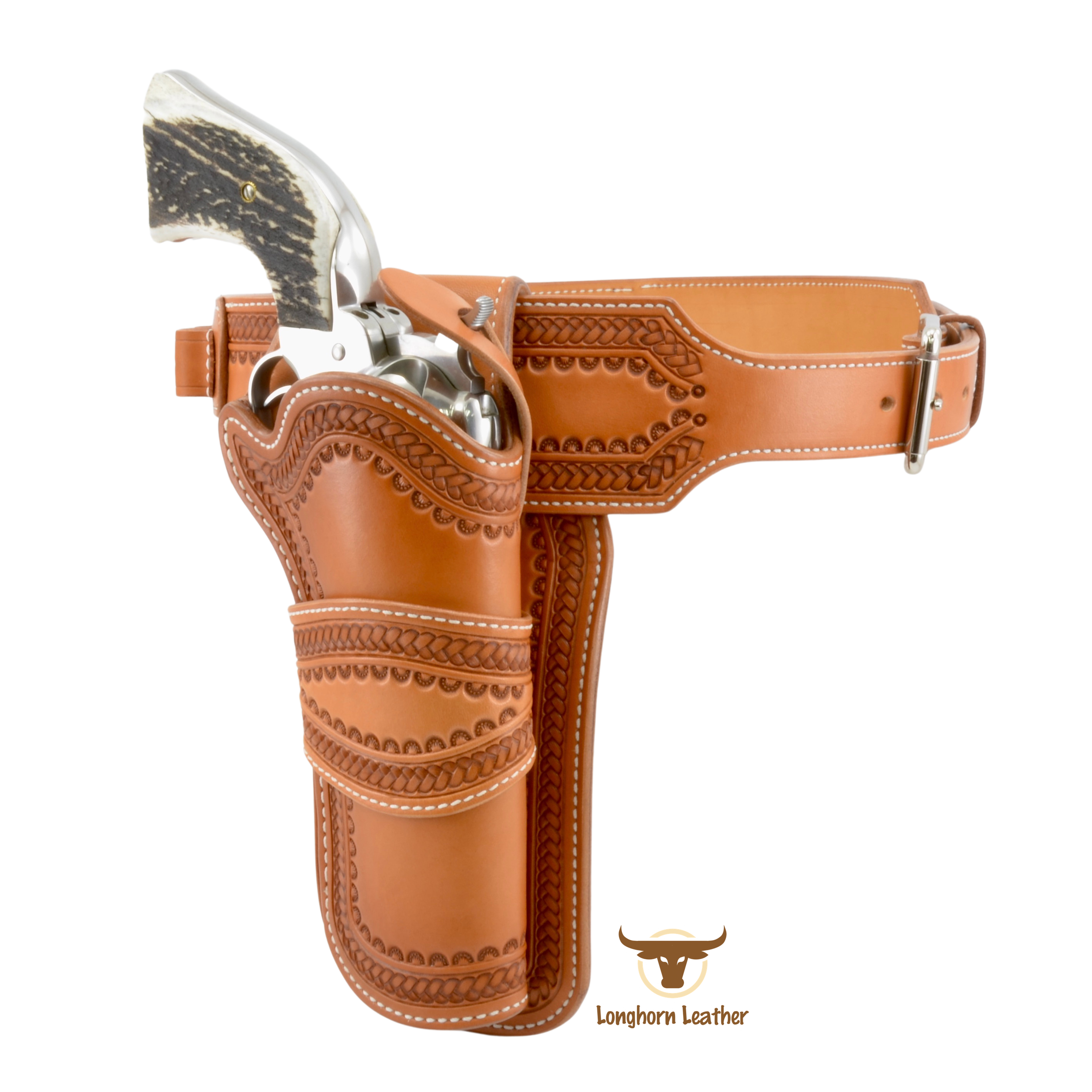 Custom leather single action holster and cartridge belt featuring the "Sedona" design.  Individually handcrafted at Longhorn Leather AZ.