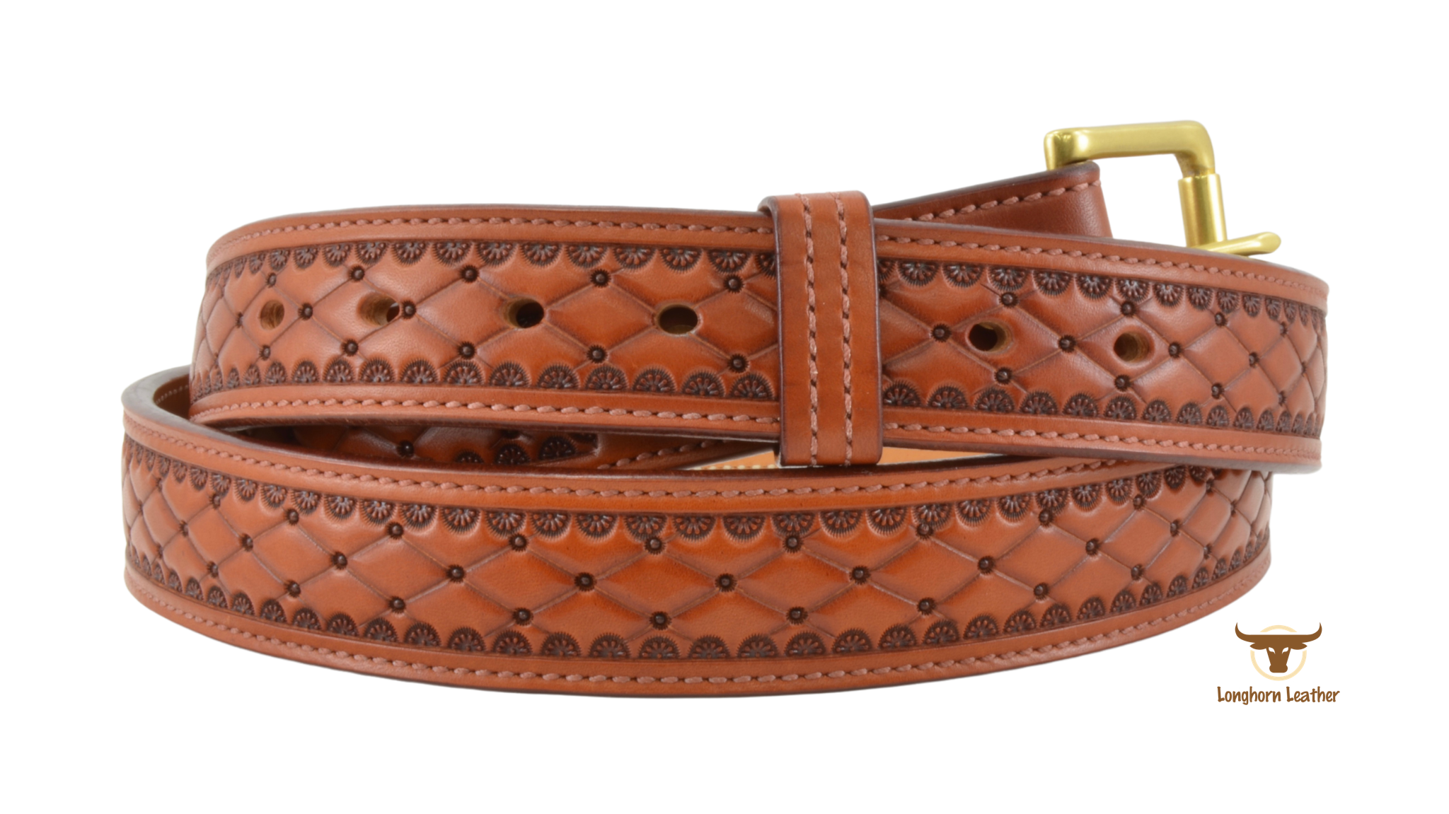 Custom leather belt featuring the "San Carlos" design.  Individually handcrafted at Longhorn Leather AZ