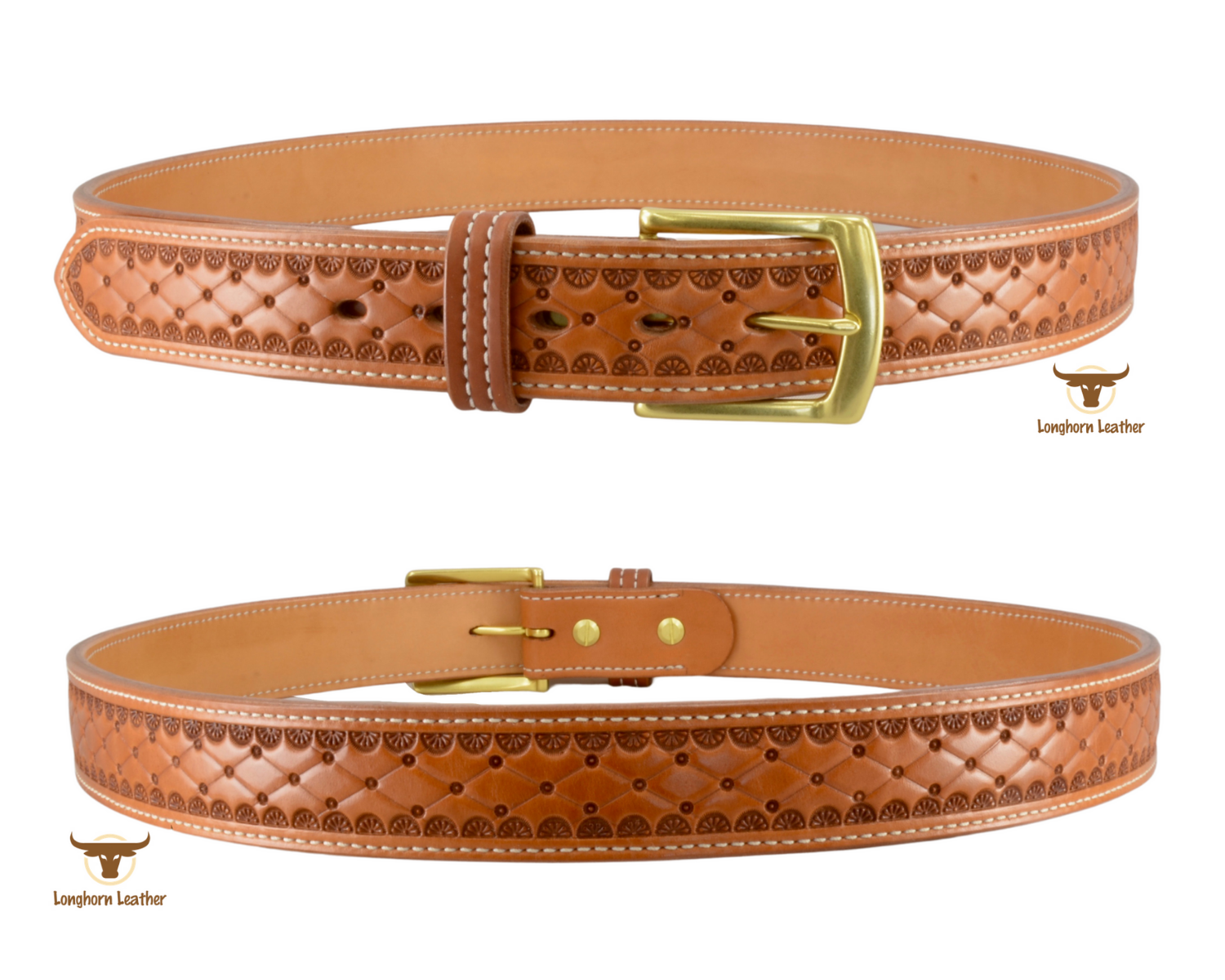 Custom leather belt featuring the "San Carlos" design.  Individually handcrafted at Longhorn Leather AZ