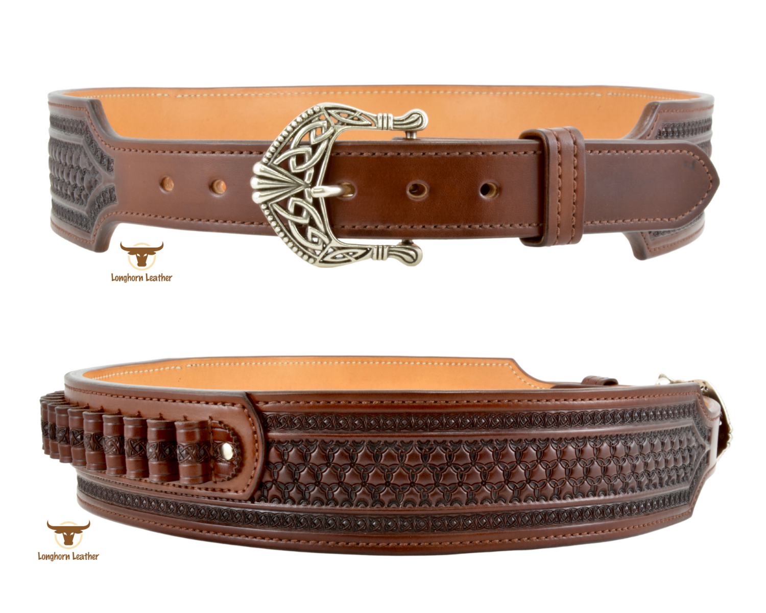Custom leather cartridge belt featuring a "Celtic" inspired design.  Individually handcrafted at Longhorn Leather AZ.