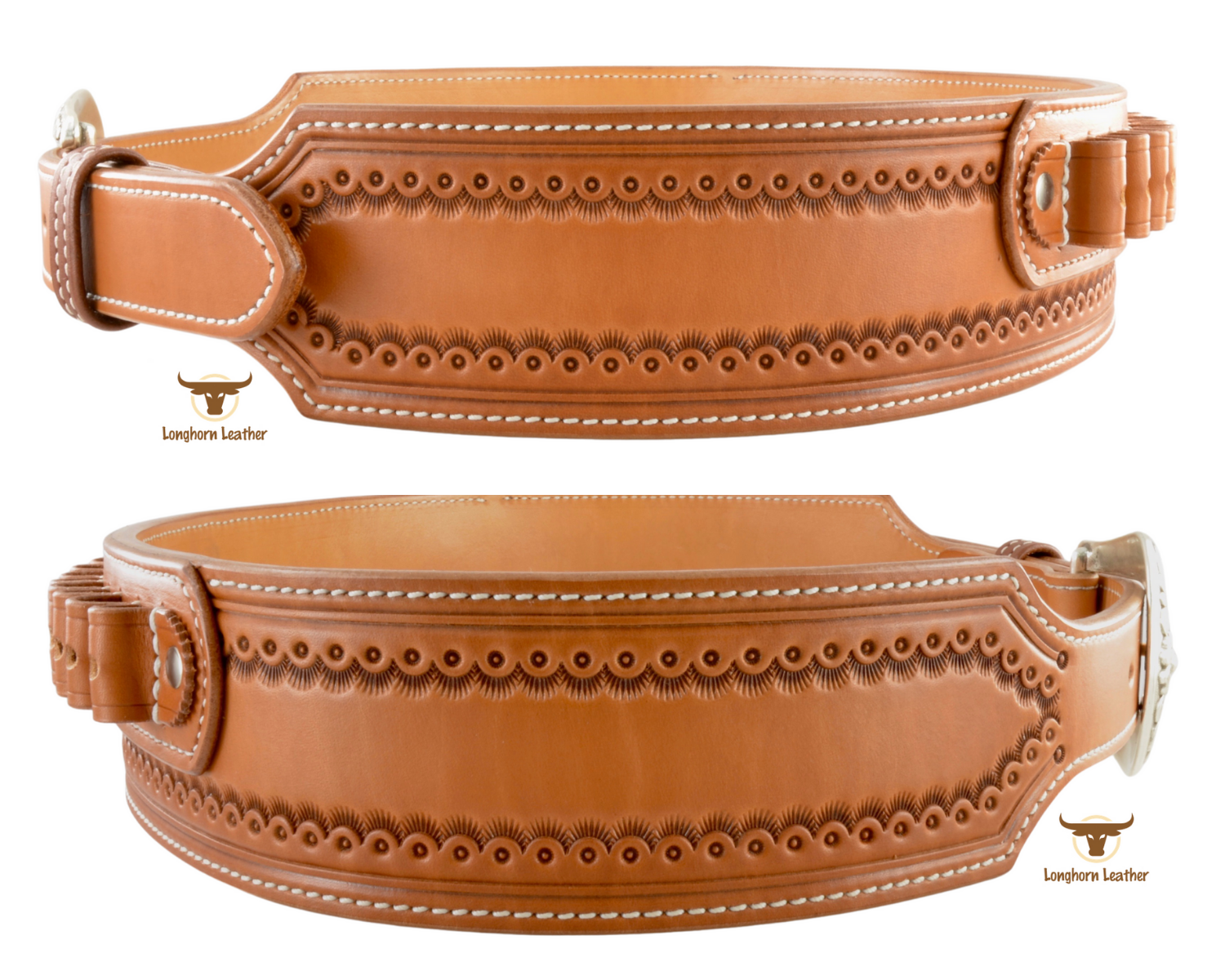 Custom leather cartridge belt featuring the "Cimarron" design.  Individually handcrafted at Longhorn Leather AZ.