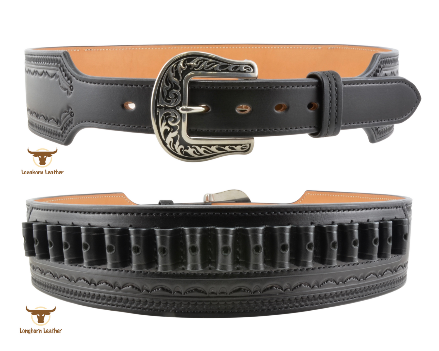 Custom leather cartridge belt featuring the "Deadwood" design.  Individually handcrafted at Longhorn Leather AZ.