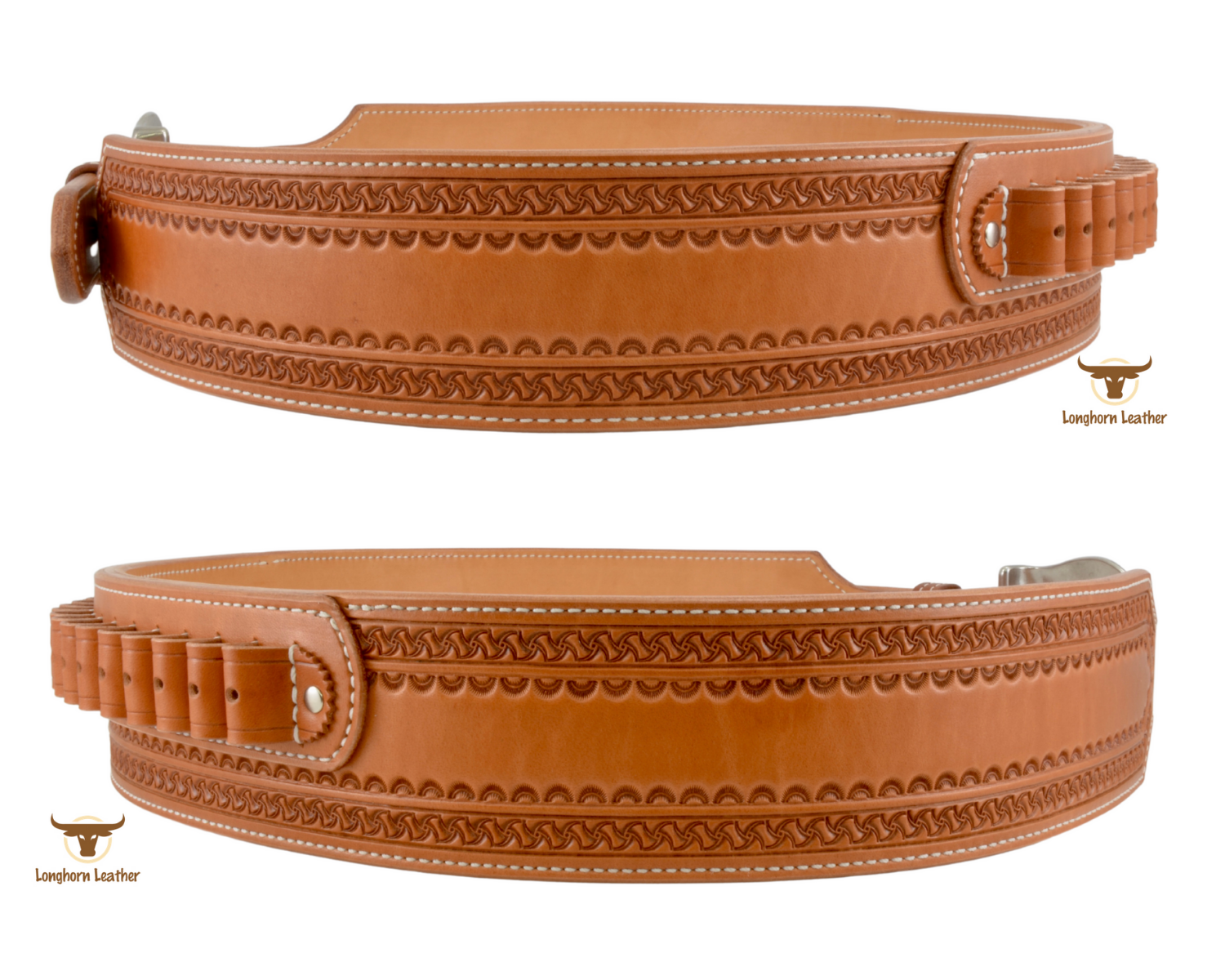 Custom leather cartridge belt featuring the "Kingman" design.  Individually handcrafted at Longhorn Leather AZ.