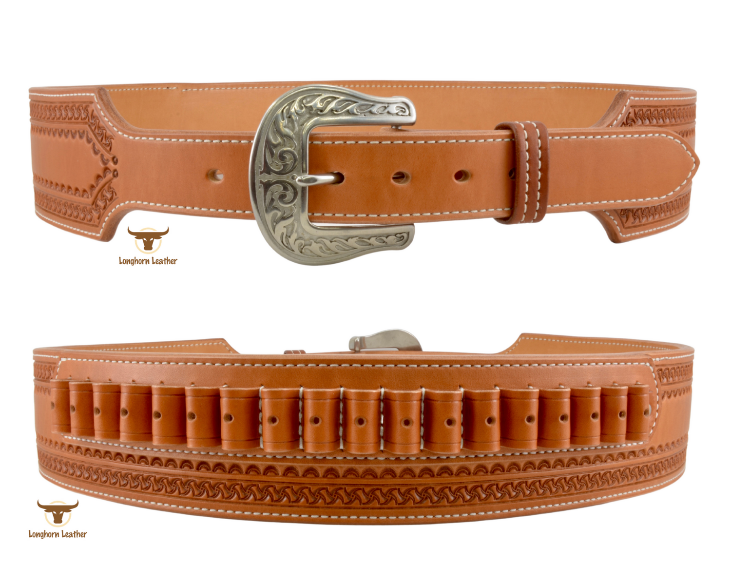 Custom leather cartridge belt featuring the "Kingman" design.  Individually handcrafted at Longhorn Leather AZ.