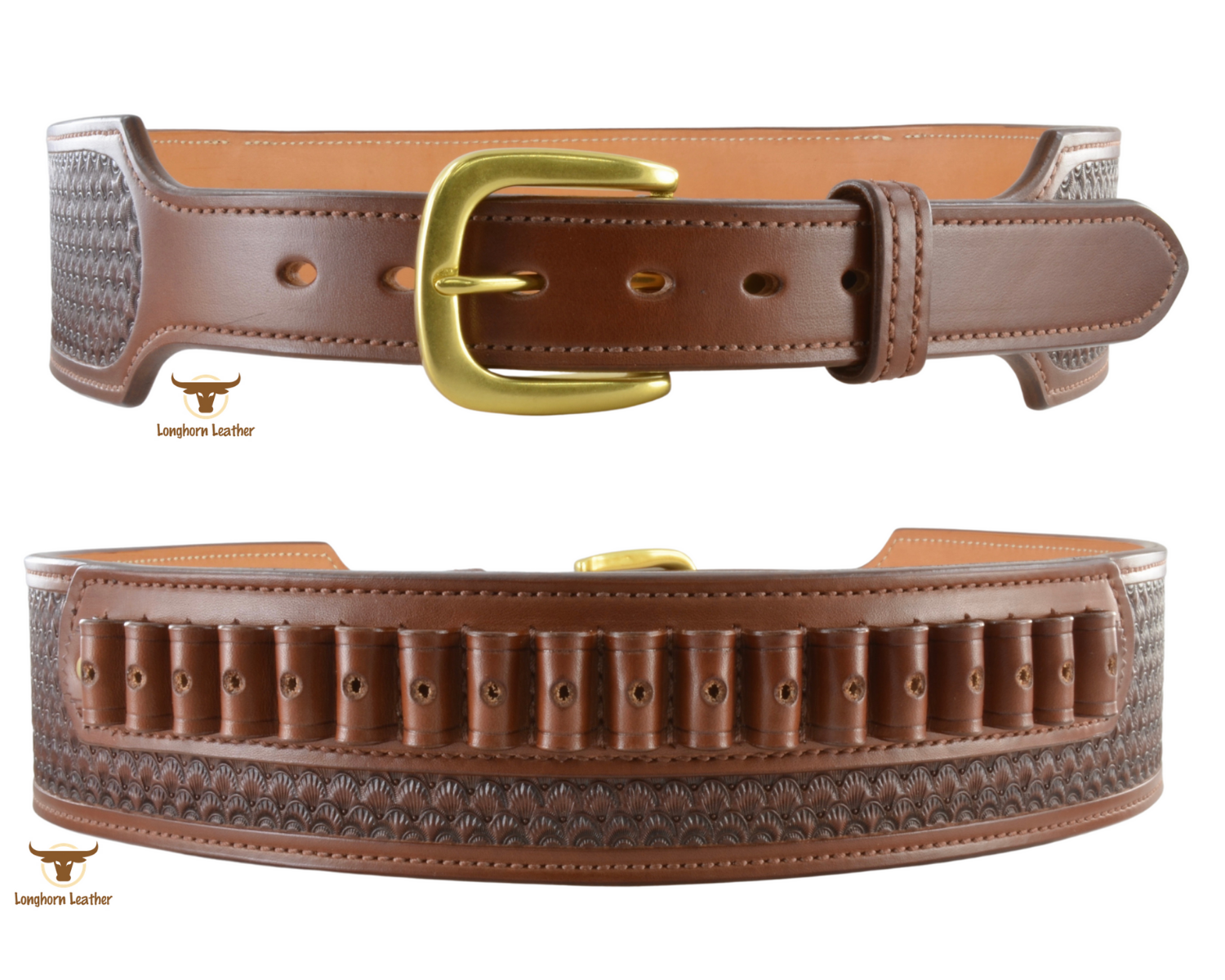 Custom leather cartridge belt featuring the "Prescott" design.  Individually handcrafted at Longhorn Leather AZ.