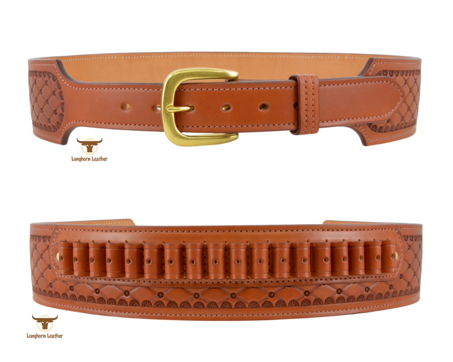 Custom leather cartridge belt featuring the "San Carlos" design.  Individually handcrafted at Longhorn Leather AZ.