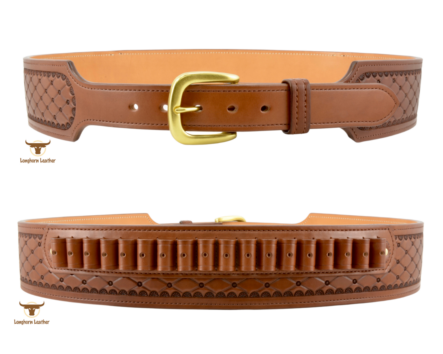 Custom leather cartridge belt featuring the "San Carlos" design.  Individually handcrafted at Longhorn Leather AZ.
