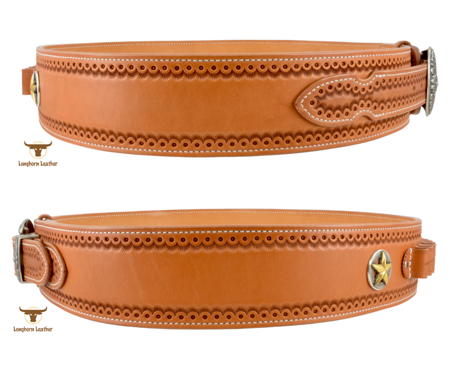 Custom leather cartridge belt featuring the "Cimarron" design.  Individually handcrafted at Longhorn Leather AZ.
