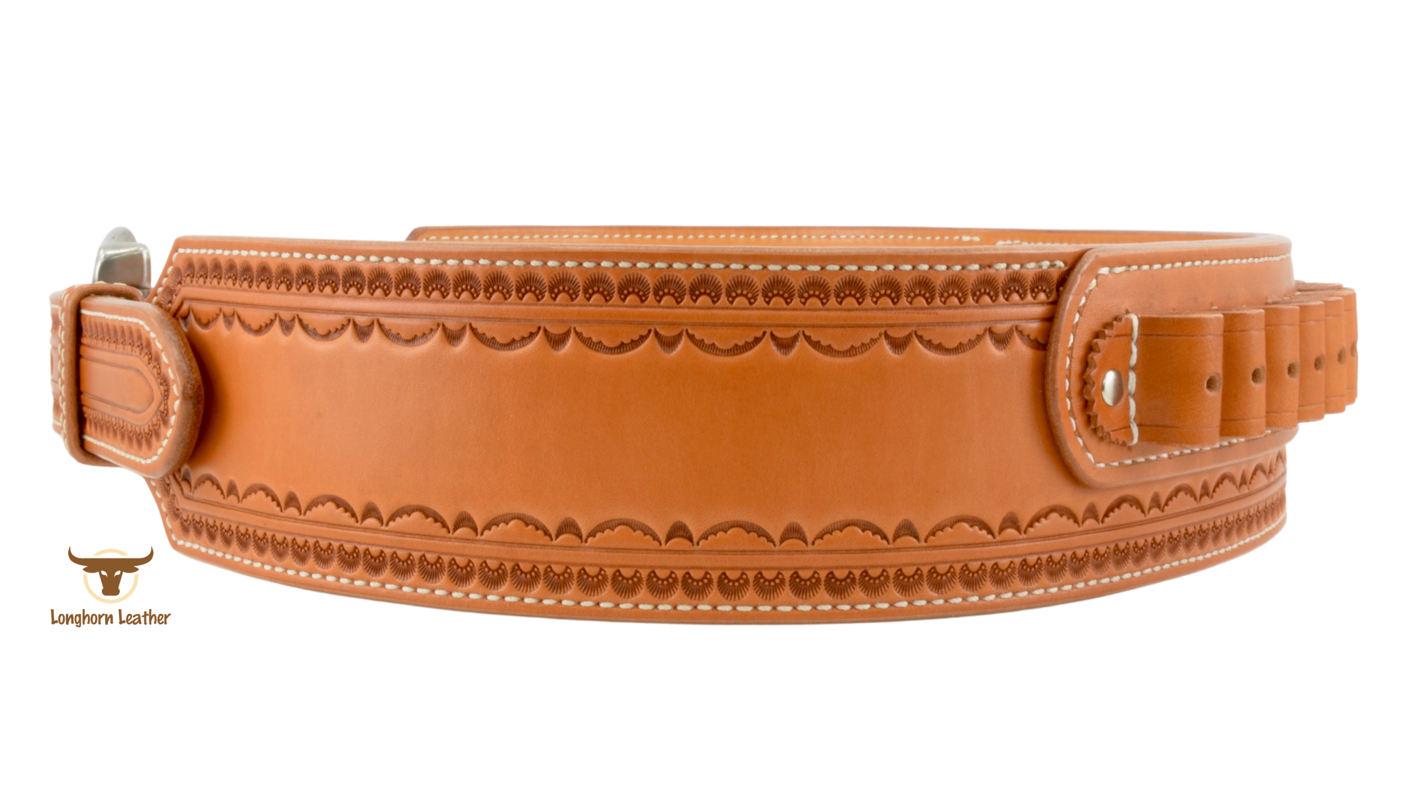 Custom leather cartridge belt featuring the "Deadwood" design.  Individually handcrafted at Longhorn Leather AZ.