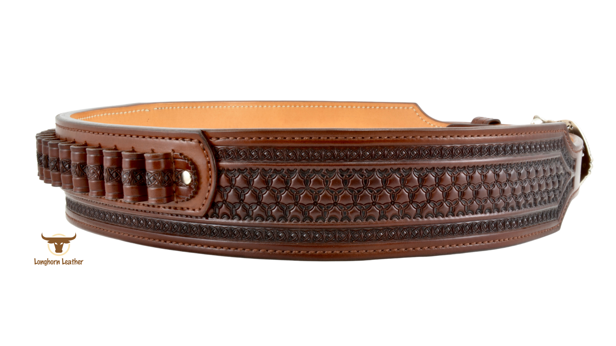 Custom leather cartridge belt featuring a "Celtic" inspired design.  Individually handcrafted at Longhorn Leather AZ.