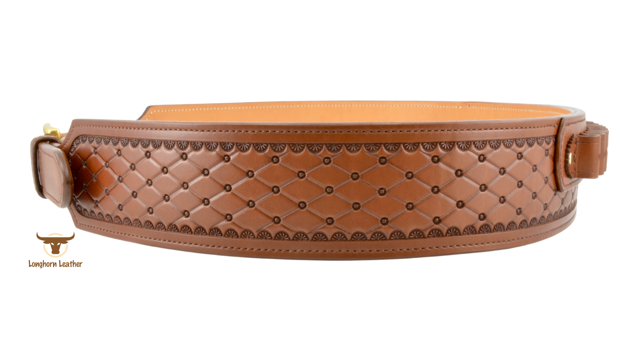 Custom leather cartridge belt featuring the "San Carlos" design.  Individually handcrafted at Longhorn Leather AZ.