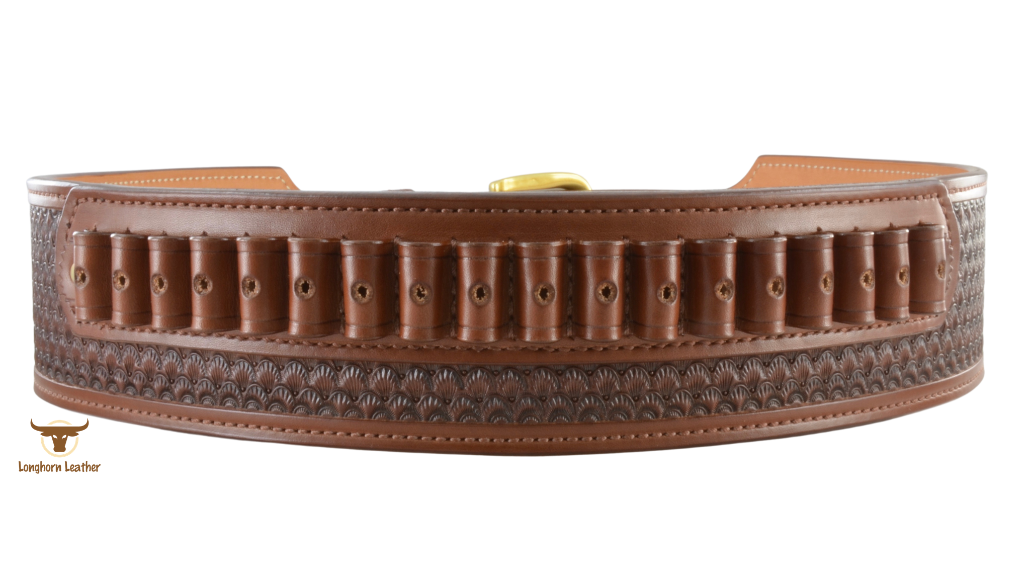 Custom leather cartridge belt featuring the "Prescott" design.  Individually handcrafted at Longhorn Leather AZ.