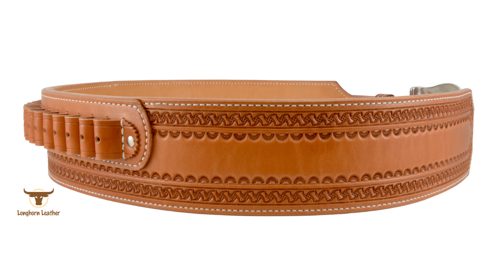 Longhorn Leather AZ-Custom leather cartridge belt featuring the Cimarron  design. Longhorn Leather