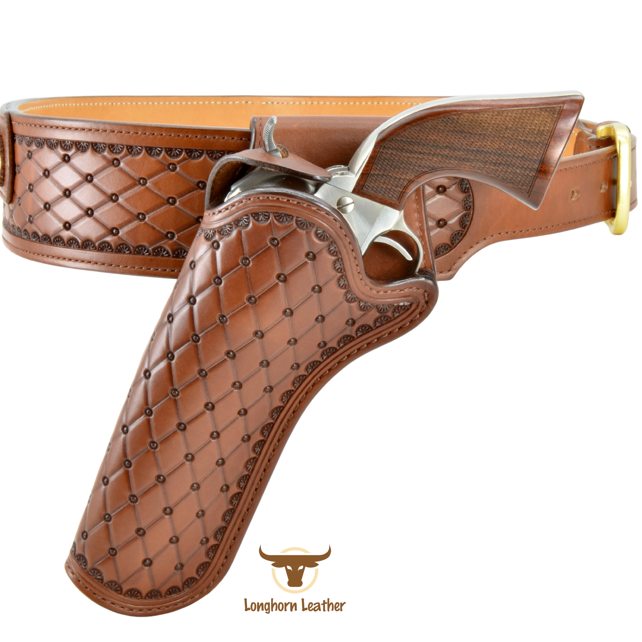 Custom leather single action cross draw holster and cartridge belt featuring the “San Carlos” design.  Individually handcrafted at Longhorn Leather AZ