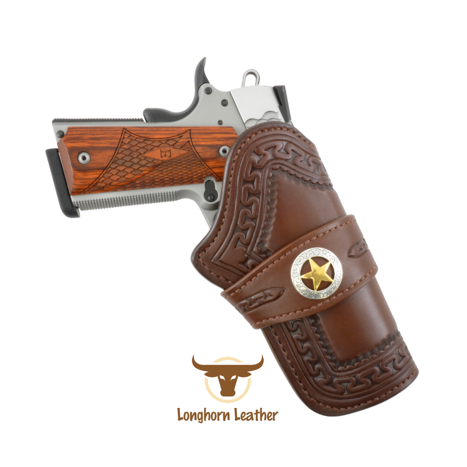 Longhorn Leather AZ-Custom Leather 1911 holster featuring the “Yuma”  design. Longhorn Leather AZ
