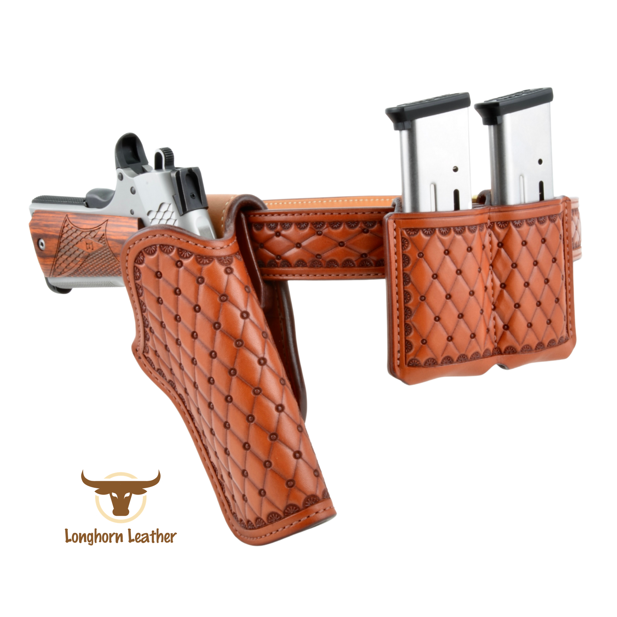 Custom Leather 1911 holster, gun belt and magazine carrier featuring the “San Carlos” design.  Individually handcrafted at Longhorn Leather AZ