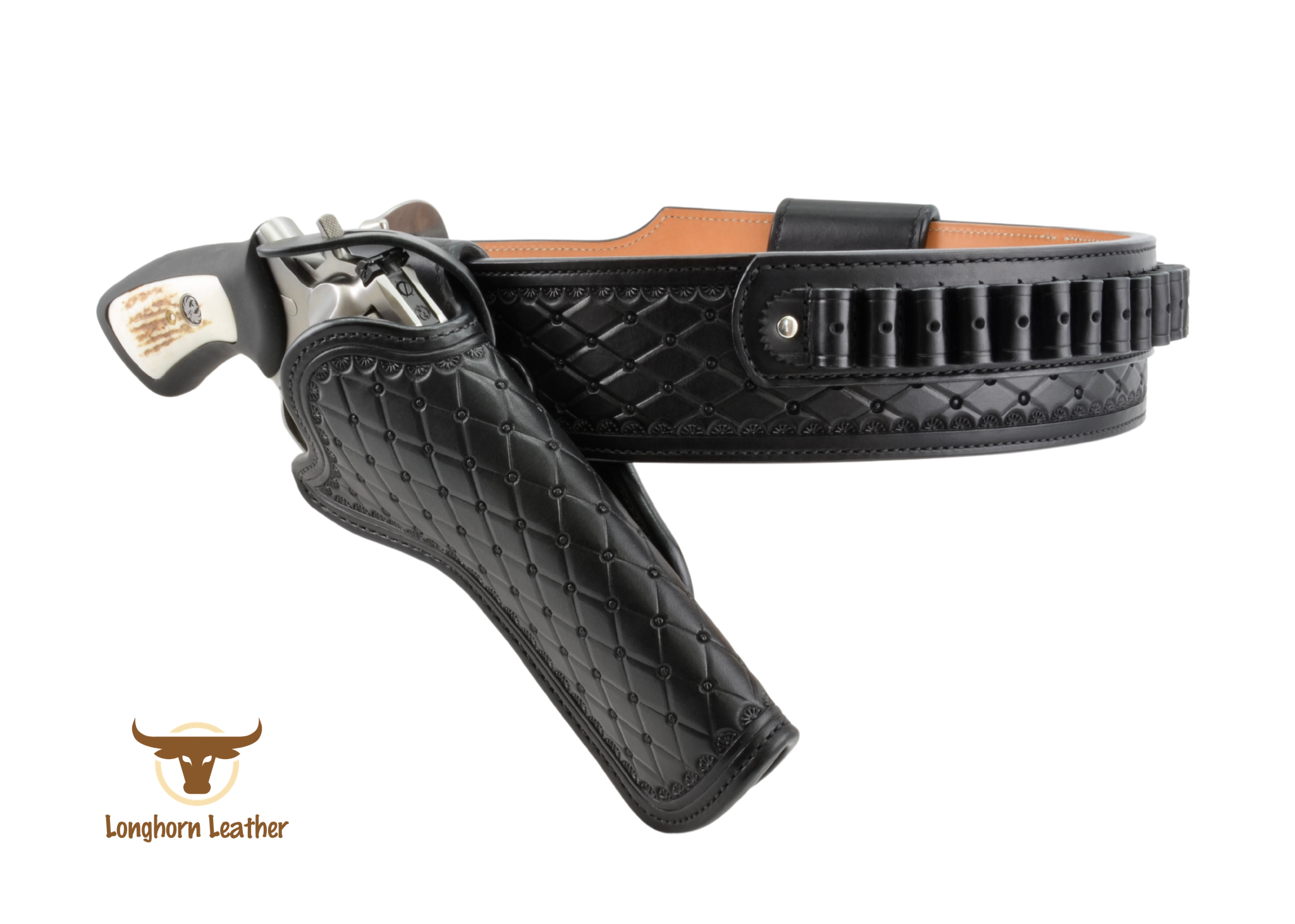 Custom leather Ruger GP100 cross draw holster and cartridge belt featuring the "San Carlos" design.  Individually handcrafted at Longhorn Leather AZ