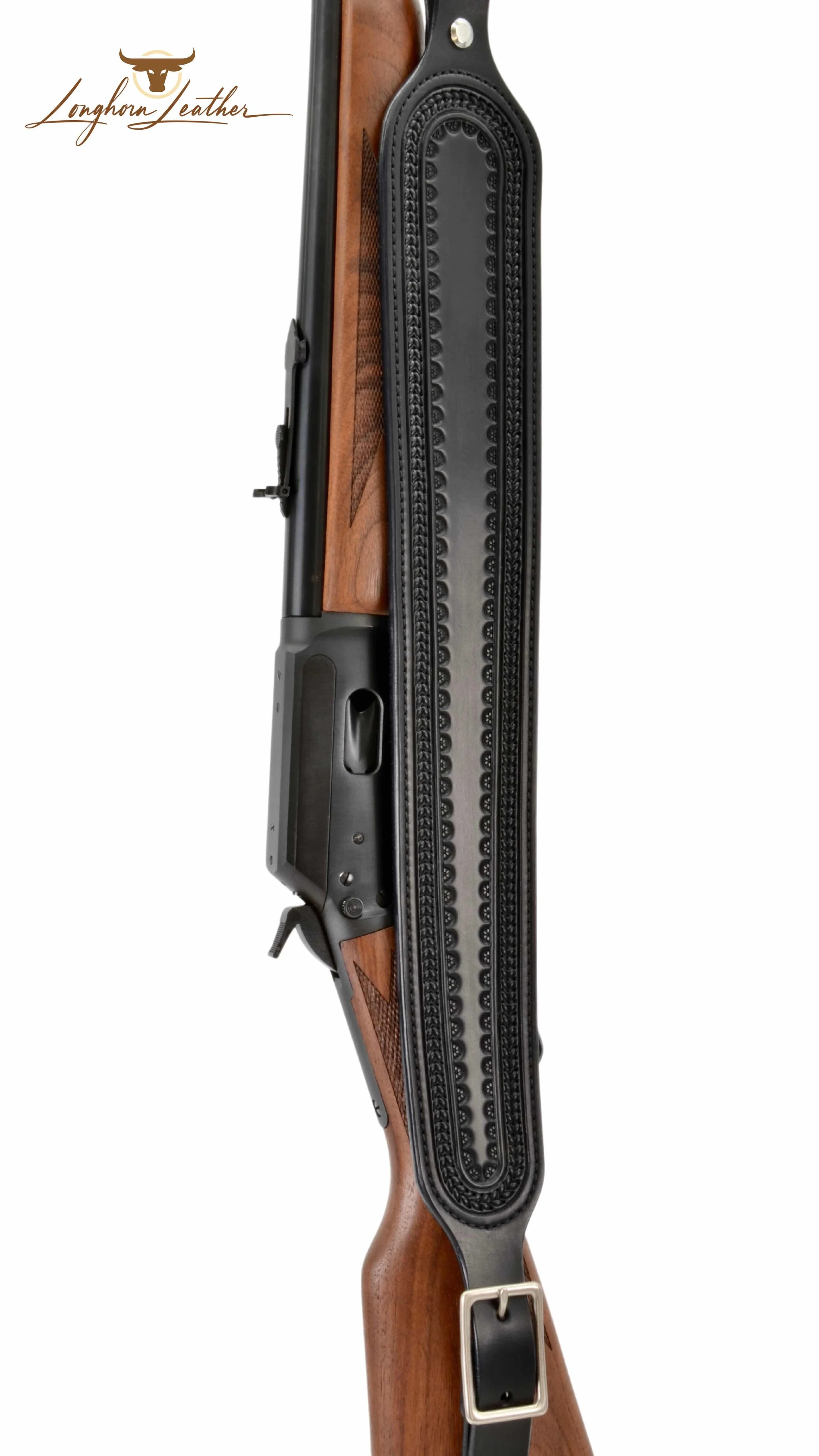 Custom leather rifle sling featuring the Bisbee design. Individually handcrafted at Longhorn Leather AZ