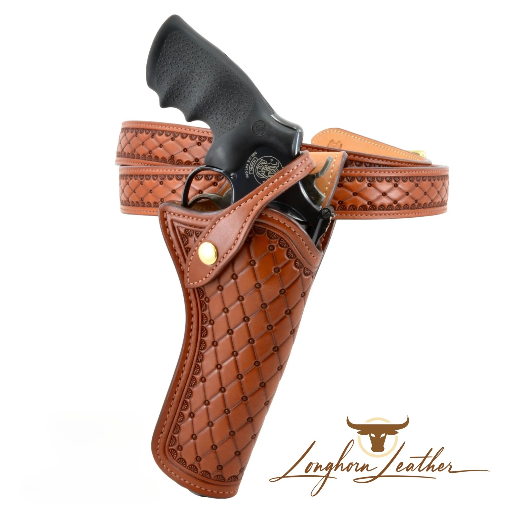 Custom leather S&W model 29 holster and gun belt featuring the "San Carlos" design.