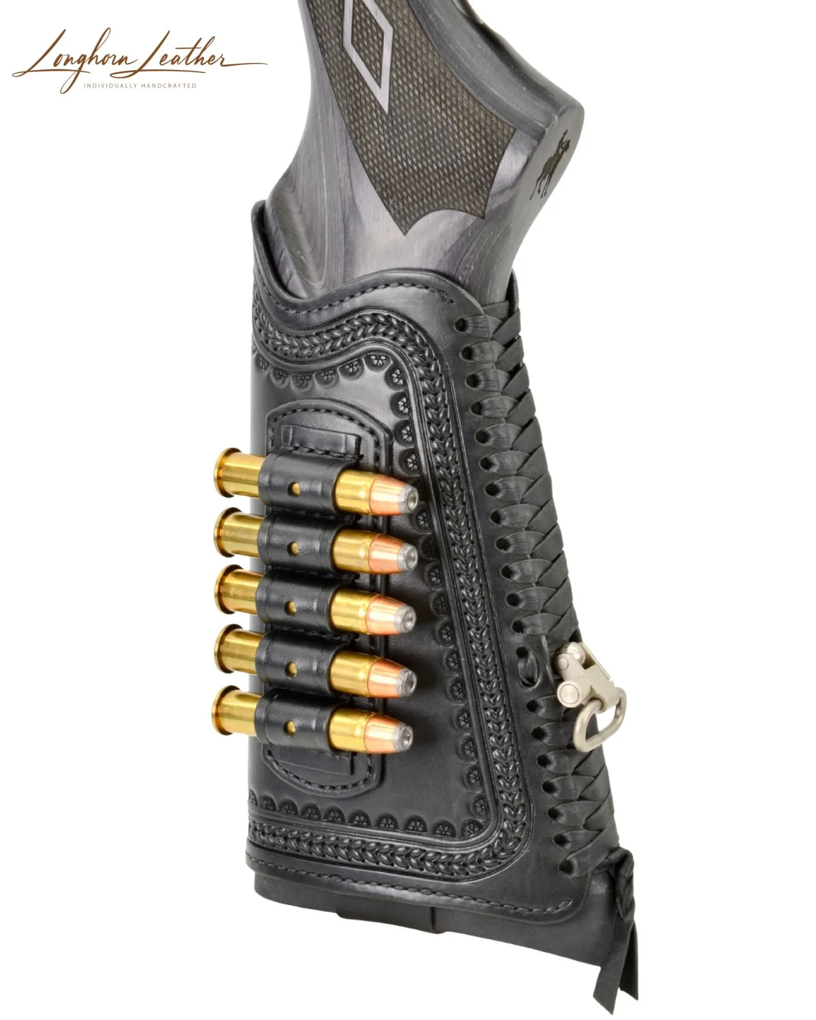 Custom leather gunstock cover with Bisbee design – Meticulously handcrafted in Scottsdale, Arizona by Longhorn Leather AZ
