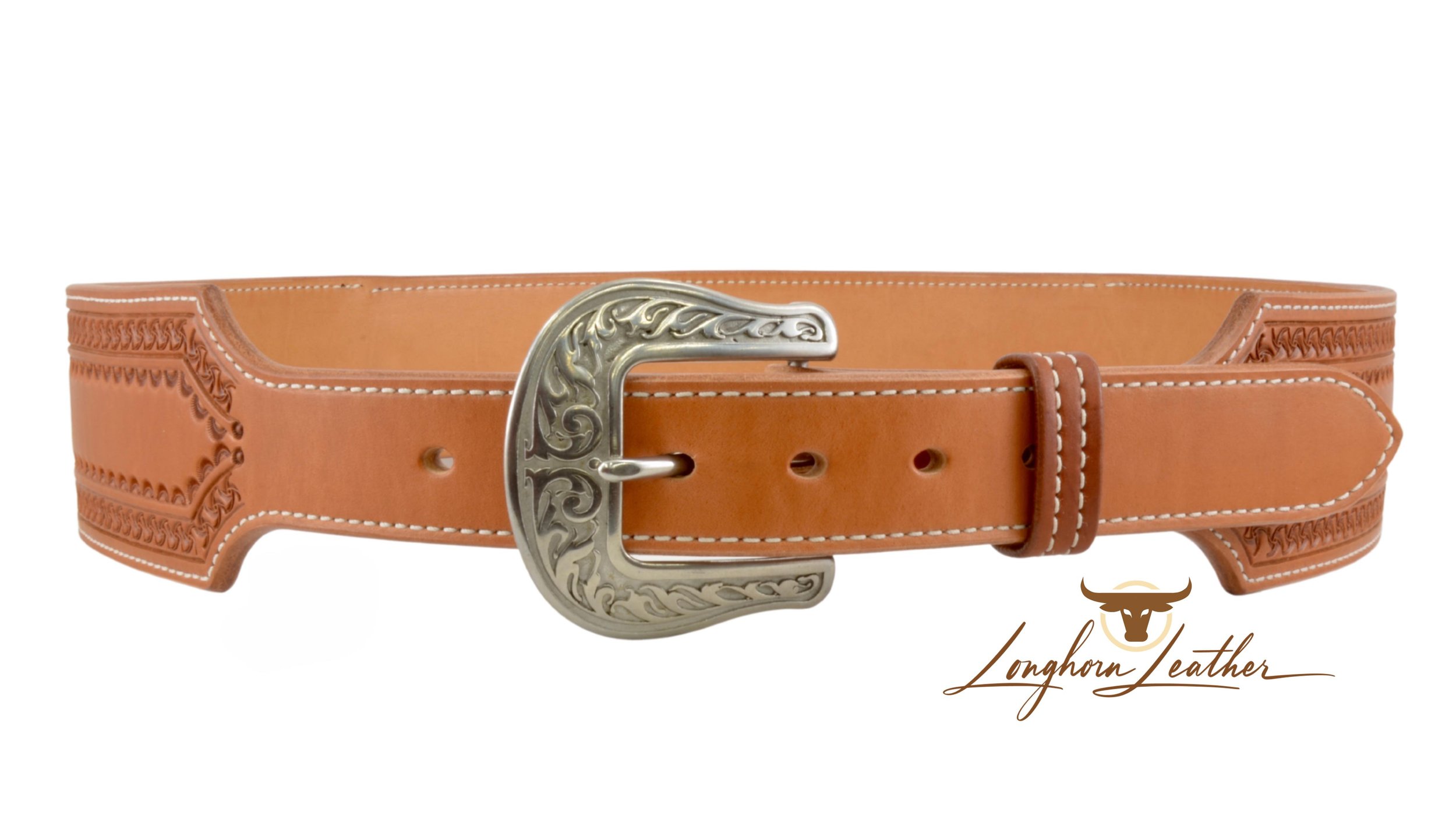Custom leather western cartridge belt featuring the Kingman design. Individually handcrafted at Longhorn Leather AZ