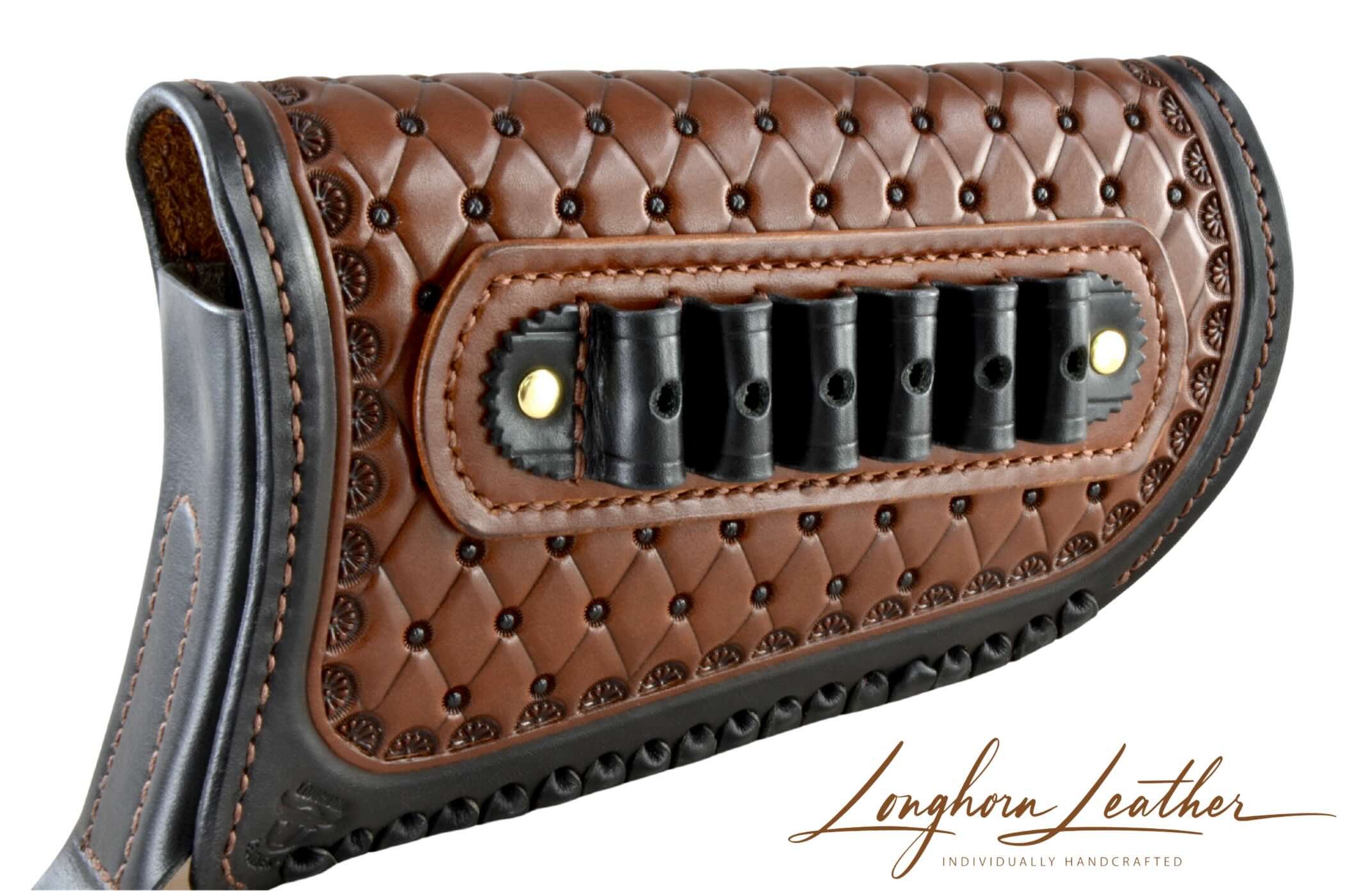 Custom leather gunstock cover with San Carlos design – expertly handcrafted in Scottsdale, Arizona by Longhorn Leather AZ.
