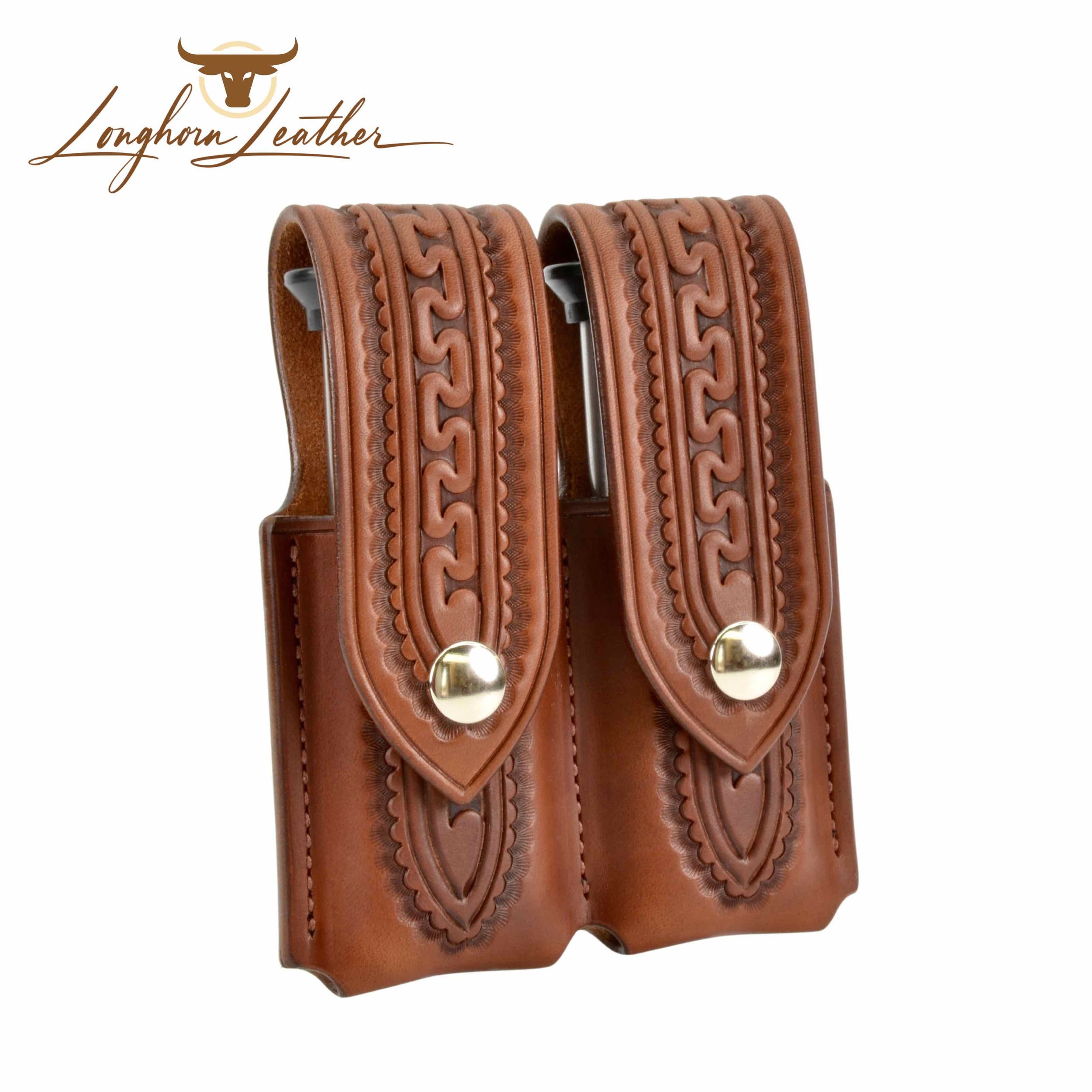 Custom leather 1911 double magazine carrier featuring the Yuma design.  Individually handcrafted at Longhorn Leather AZ