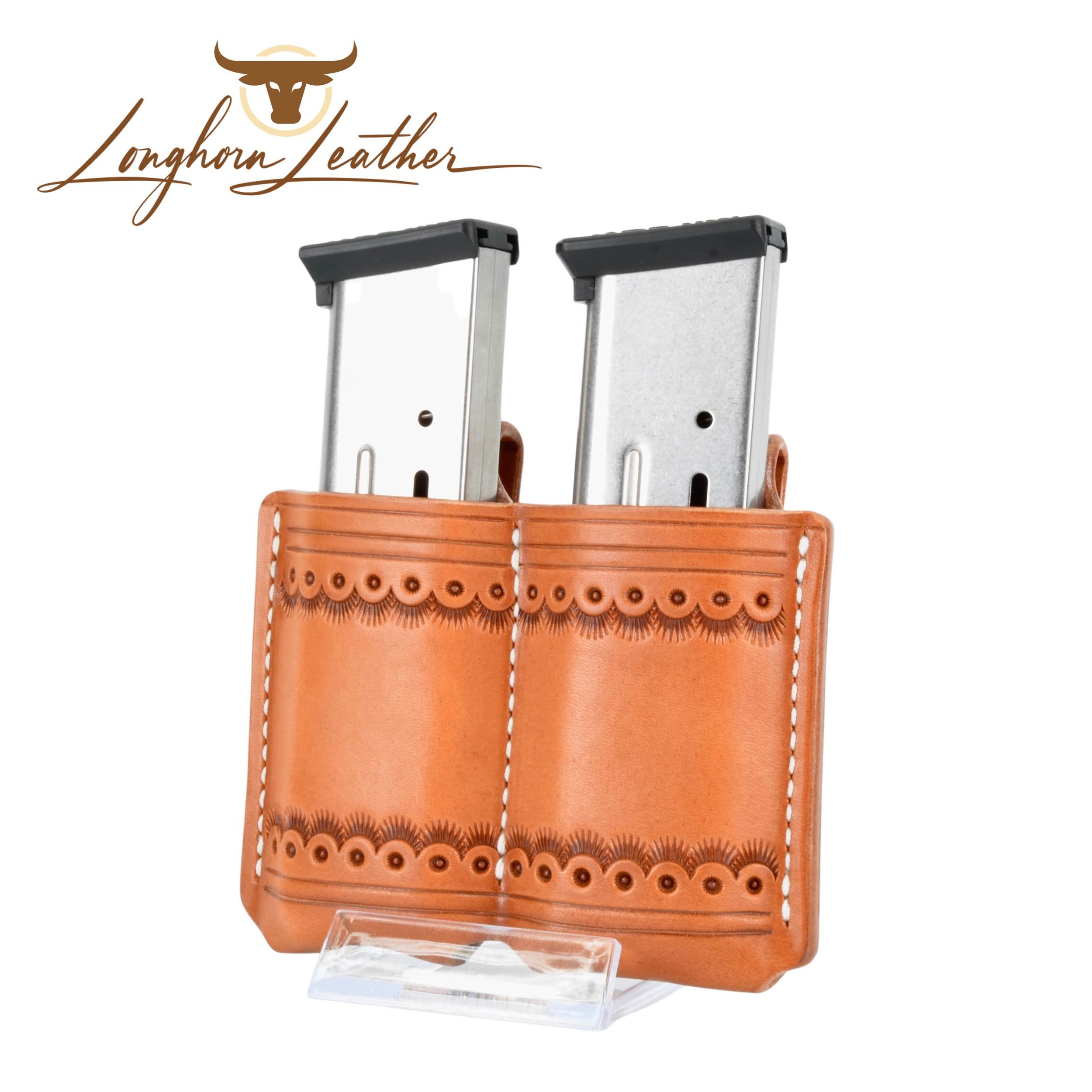  Custom leather 1911 double magazine carrier featuring the Cimarron design.  Individually handcrafted at Longhorn Leather AZ