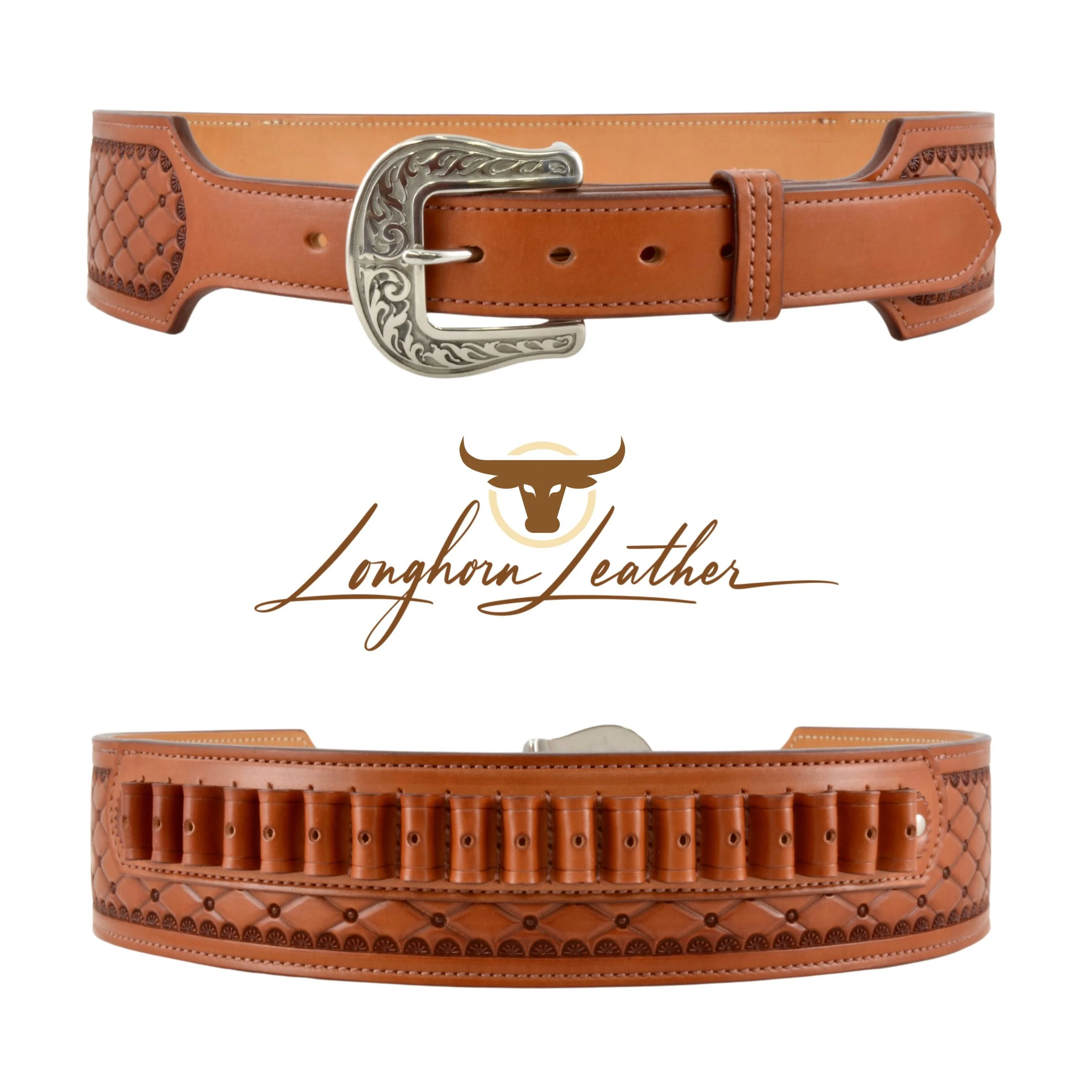 Custom leather western cartridge belt featuring the San Carlos design. Individually handcrafted at Longhorn Leather AZ