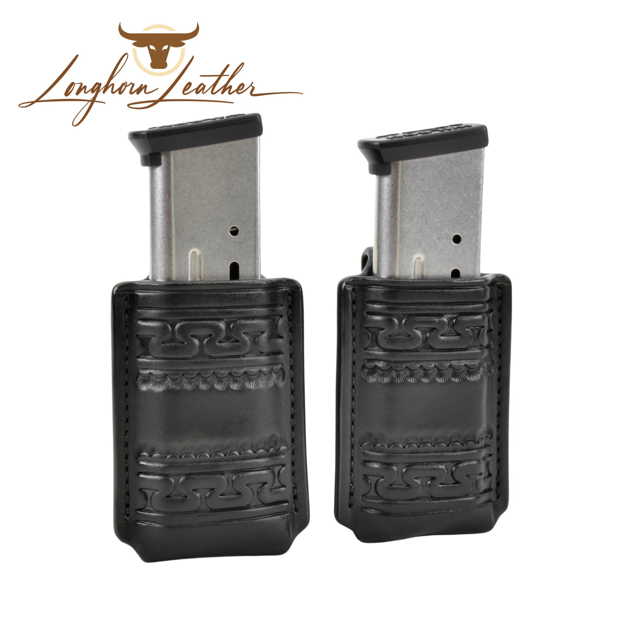 Custom leather 1911 single magazine carrier featuring the Yuma design.  Individually handcrafted at Longhorn Leather AZ