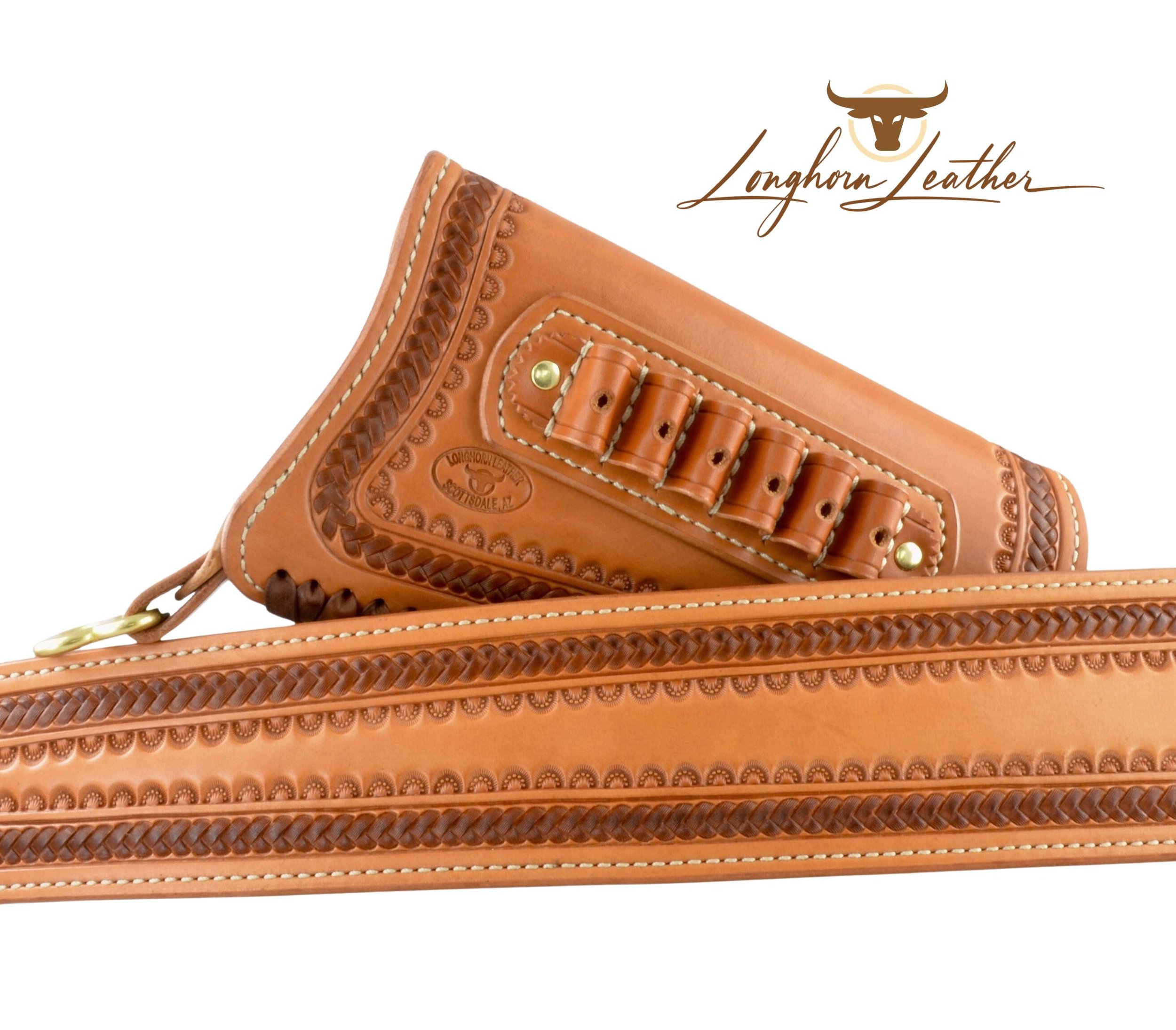 Custom leather gunstock cover and rifle sling featuring the Sedona design. Individually handcrafted at Longhorn Leather AZ
