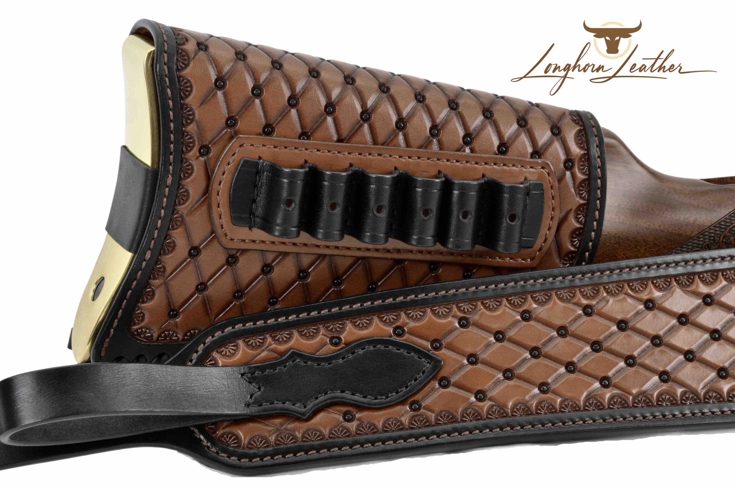 Custom leather gunstock cover and rifle sling featuring the San Carlos design. Individually handcrafted at Longhorn Leather AZ