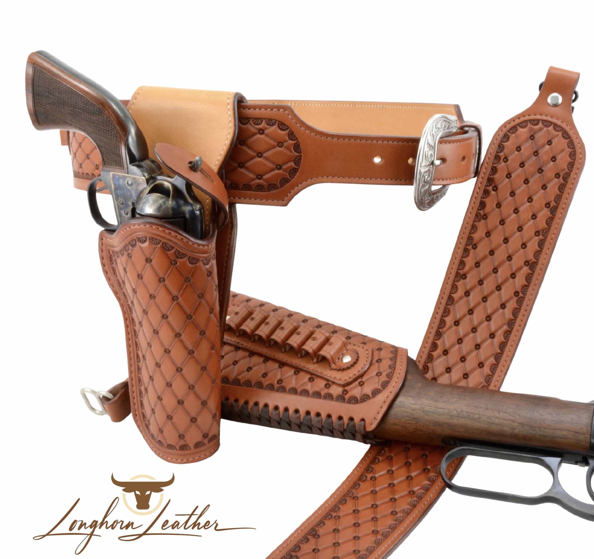 Custom leather single action holster, cartridge belt, gunstock cover & rifle sling featuring the San Carlos design. Individually handcrafted at Longhorn Leather AZ
