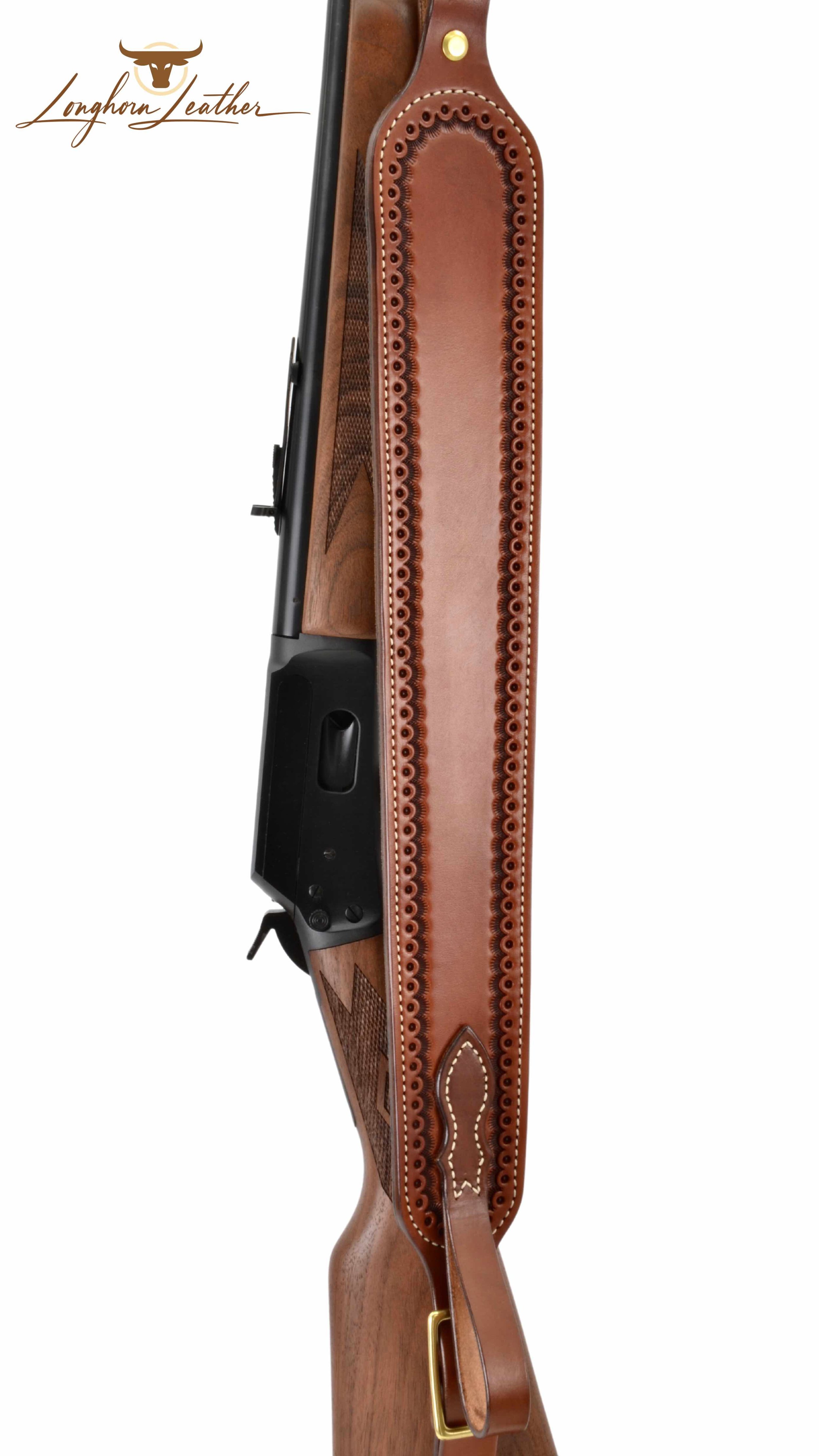 Custom leather rifle sling featuring the Cimarron design. Individually handcrafted at Longhorn Leather AZ