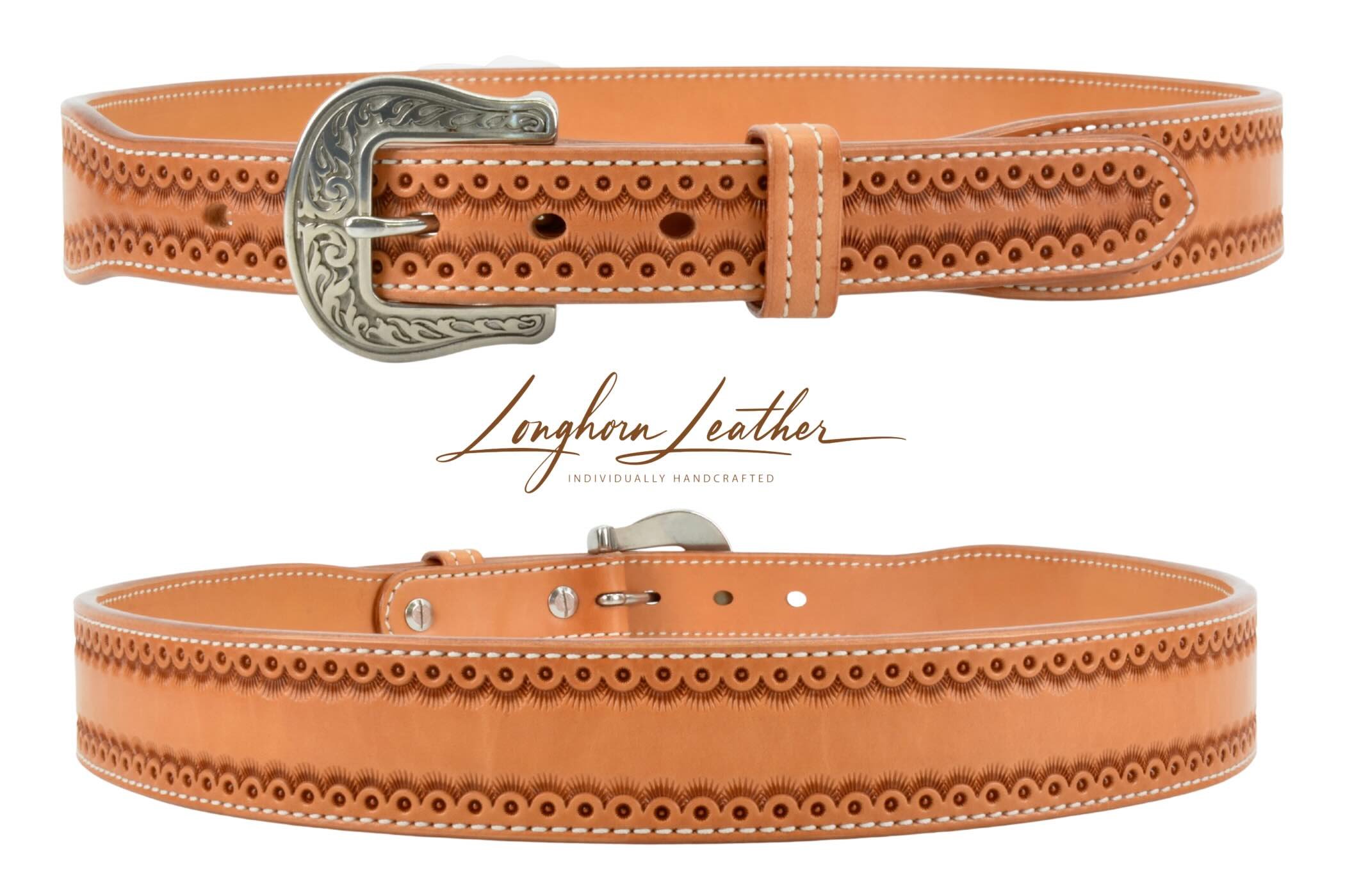Custom leather gun belt, Cimarron design - Meticulously handcrafted by Longhorn Leather AZ, located in Scottsdale, Arizona