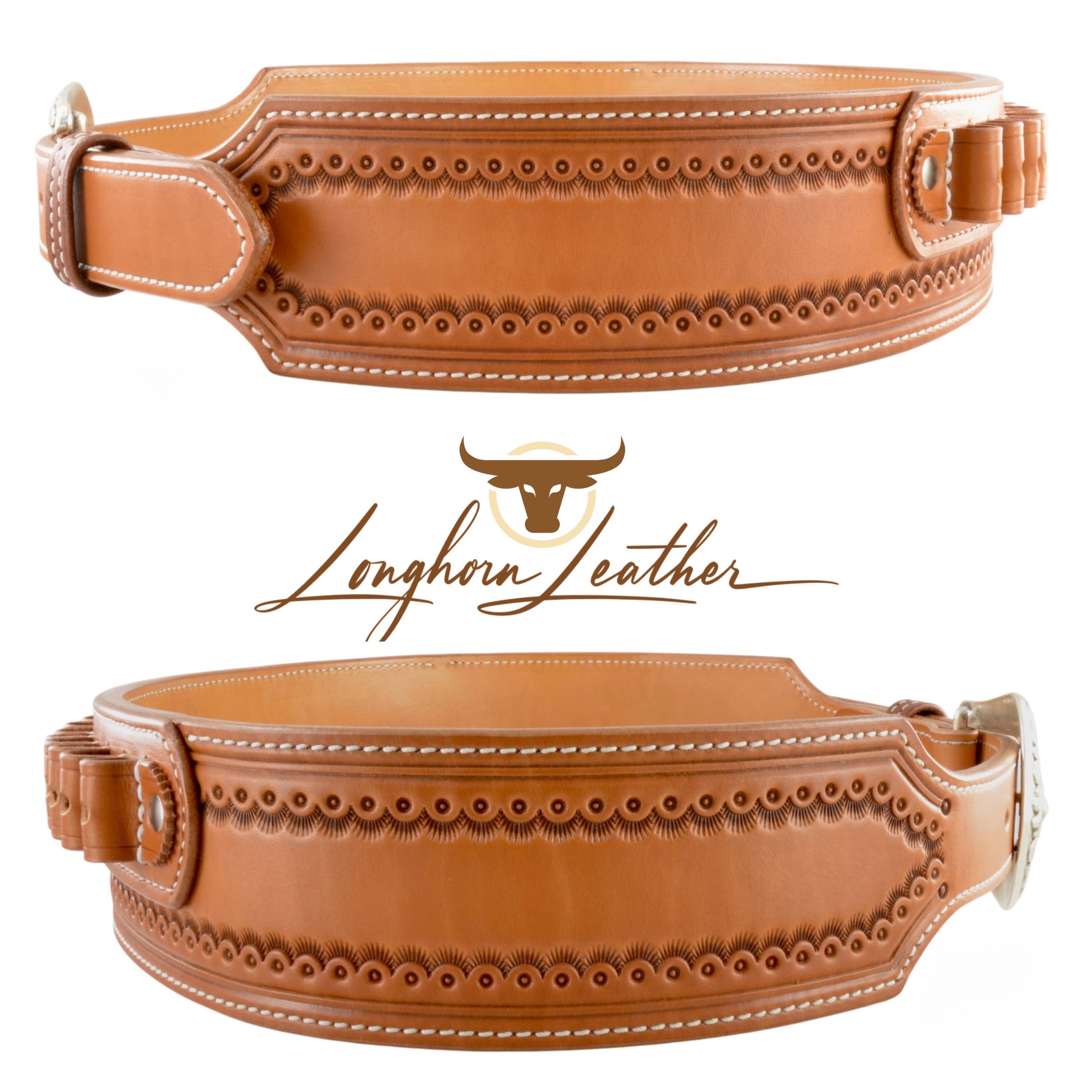 Custom leather western cartridge belt featuring the Cimarron design. Individually handcrafted at Longhorn Leather AZ