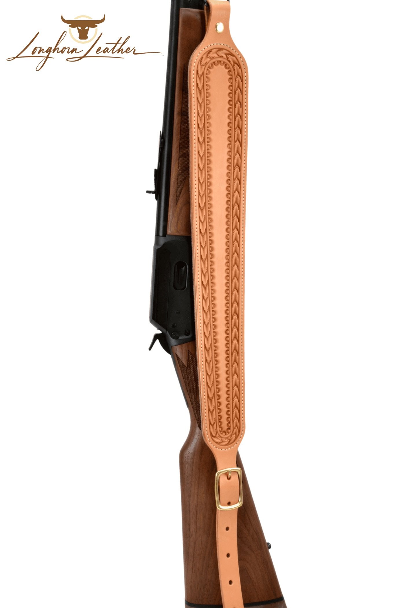 Custom leather rifle sling with Nogales design, handcrafted by Longhorn Leather in Scottsdale, Arizona.