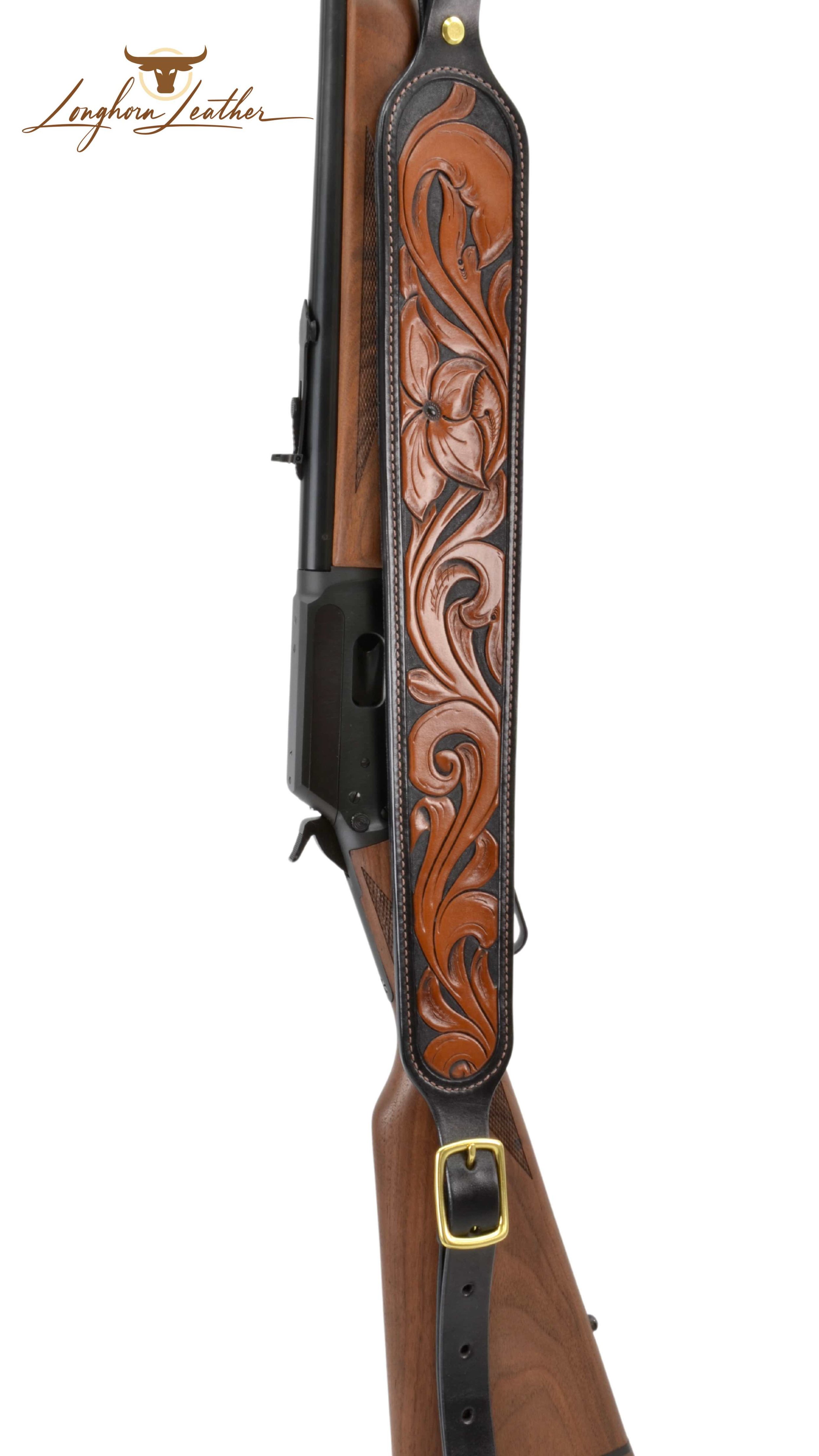 Custom leather rifle sling featuring a Western Floral design.  Individually handcrafted at Longhorn Leather AZ