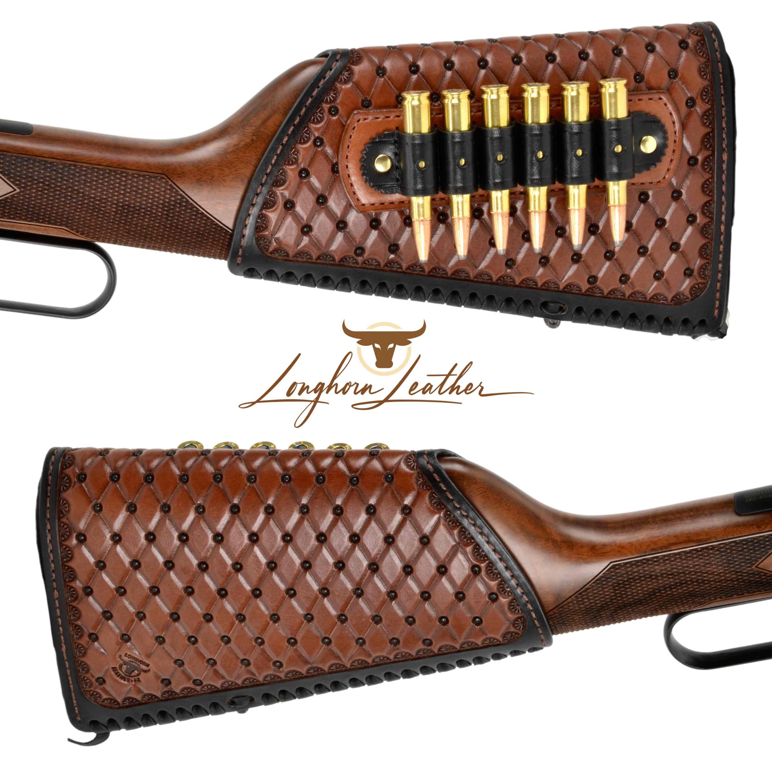 Custom leather gunstock cover featuring the San Carlos design.  Individually handcrafted at Longhorn Leather AZ