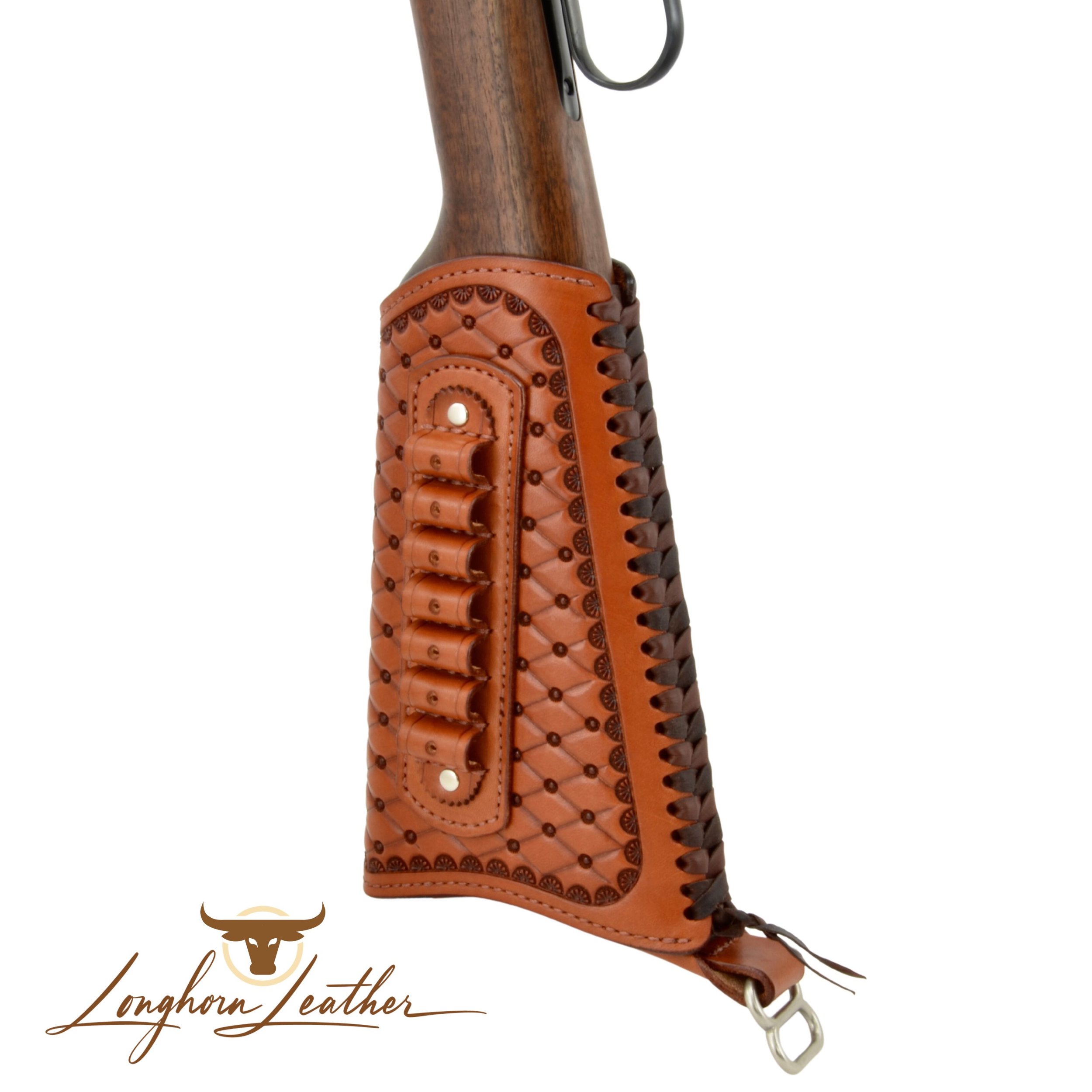 Custom leather gunstock cover featuring the San Carlos design.  Individually handcrafted at Longhorn Leather AZ