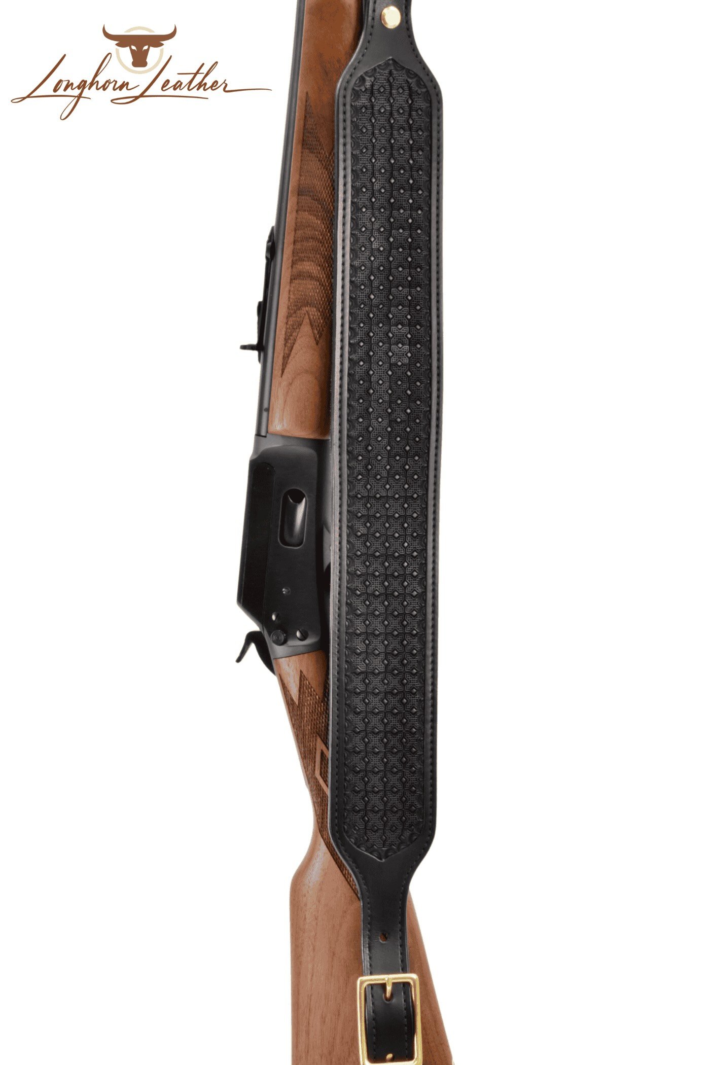 Custom leather rifle sling with Lubbock design, handcrafted by Longhorn Leather in Scottsdale, Arizona.